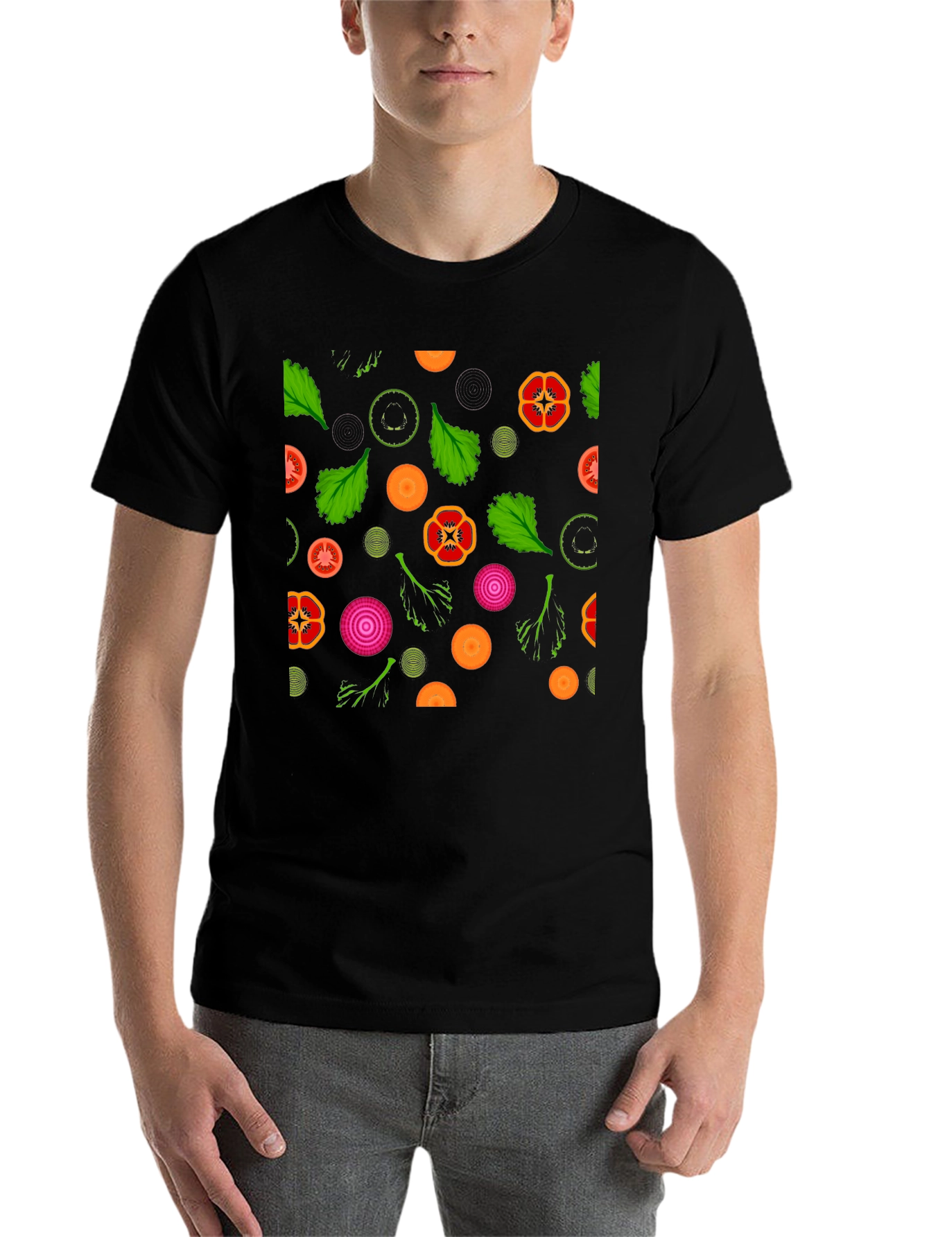 Black Vegetable Pattern T-Shirt - Black view 7