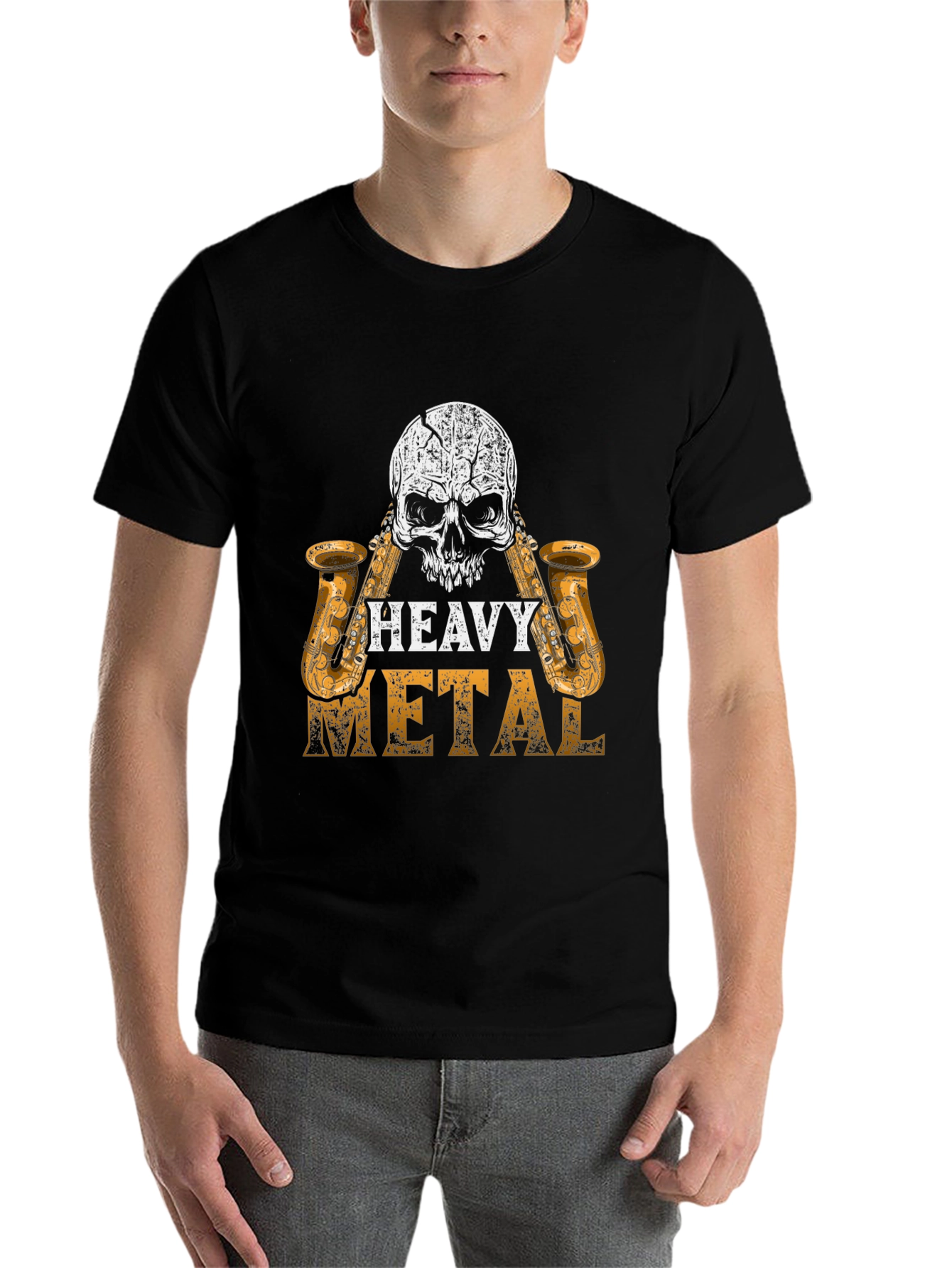 Black Heavy Metal Skull Saxophone Graphic Black T-Shirt view 7
