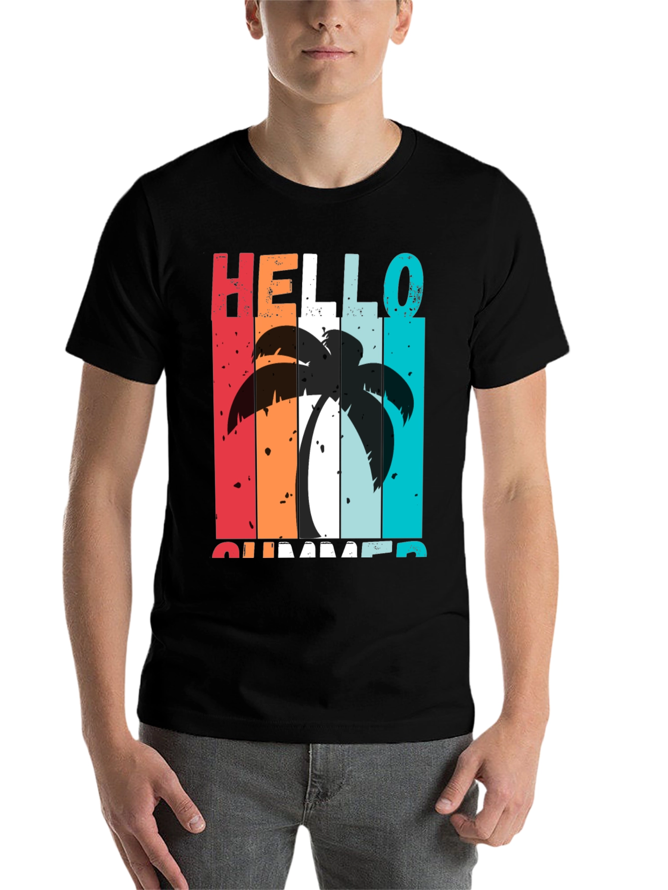 Black Hello Summer Palm Tree Graphic Tee view 7