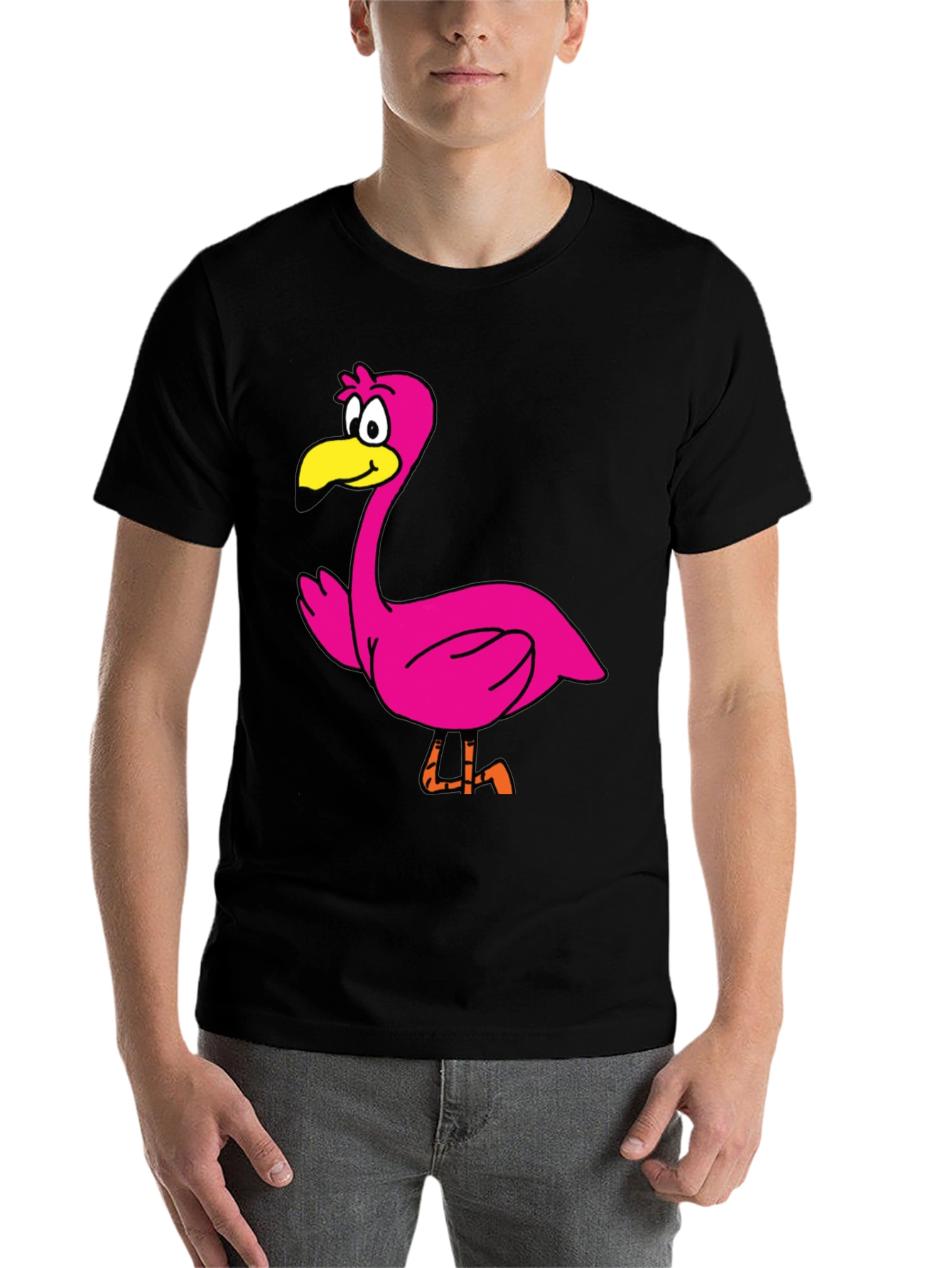 Black Cartoon Flamingo Graphic Tee - Black Unisex T-Shirt view 7