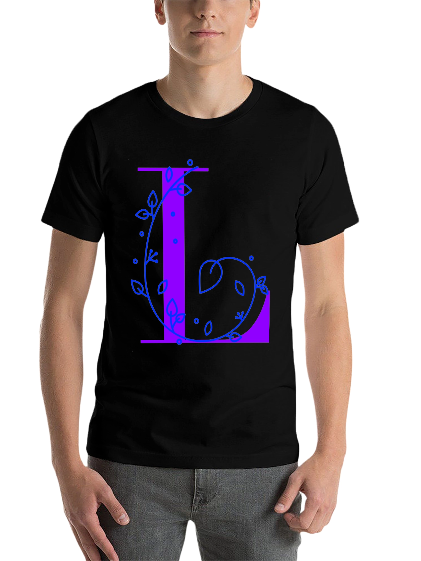 Black Letter L Floral Design T-Shirt - Black view 7