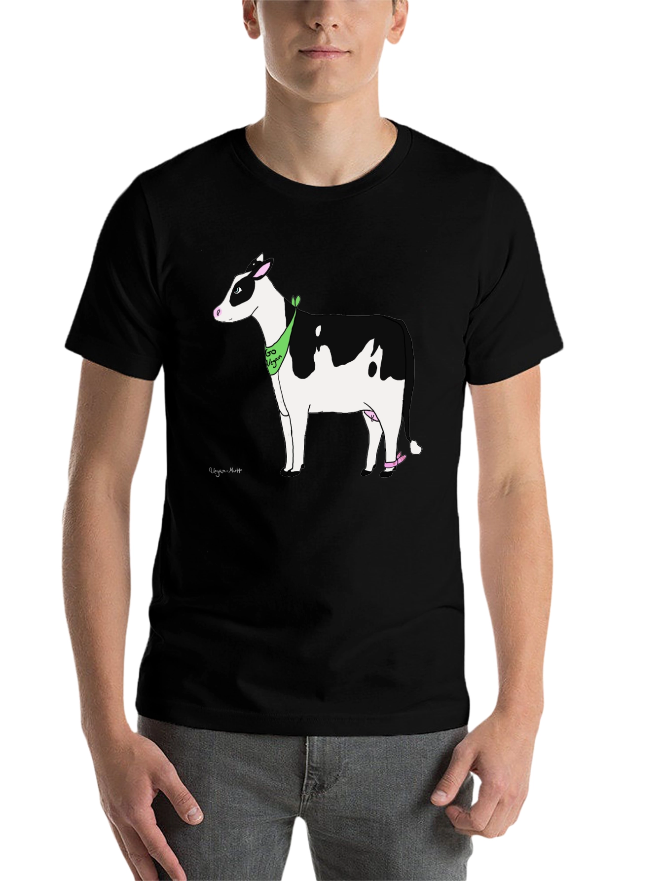 Black Vegan Cow Graphic T-Shirt - Black Cotton Tee view 7