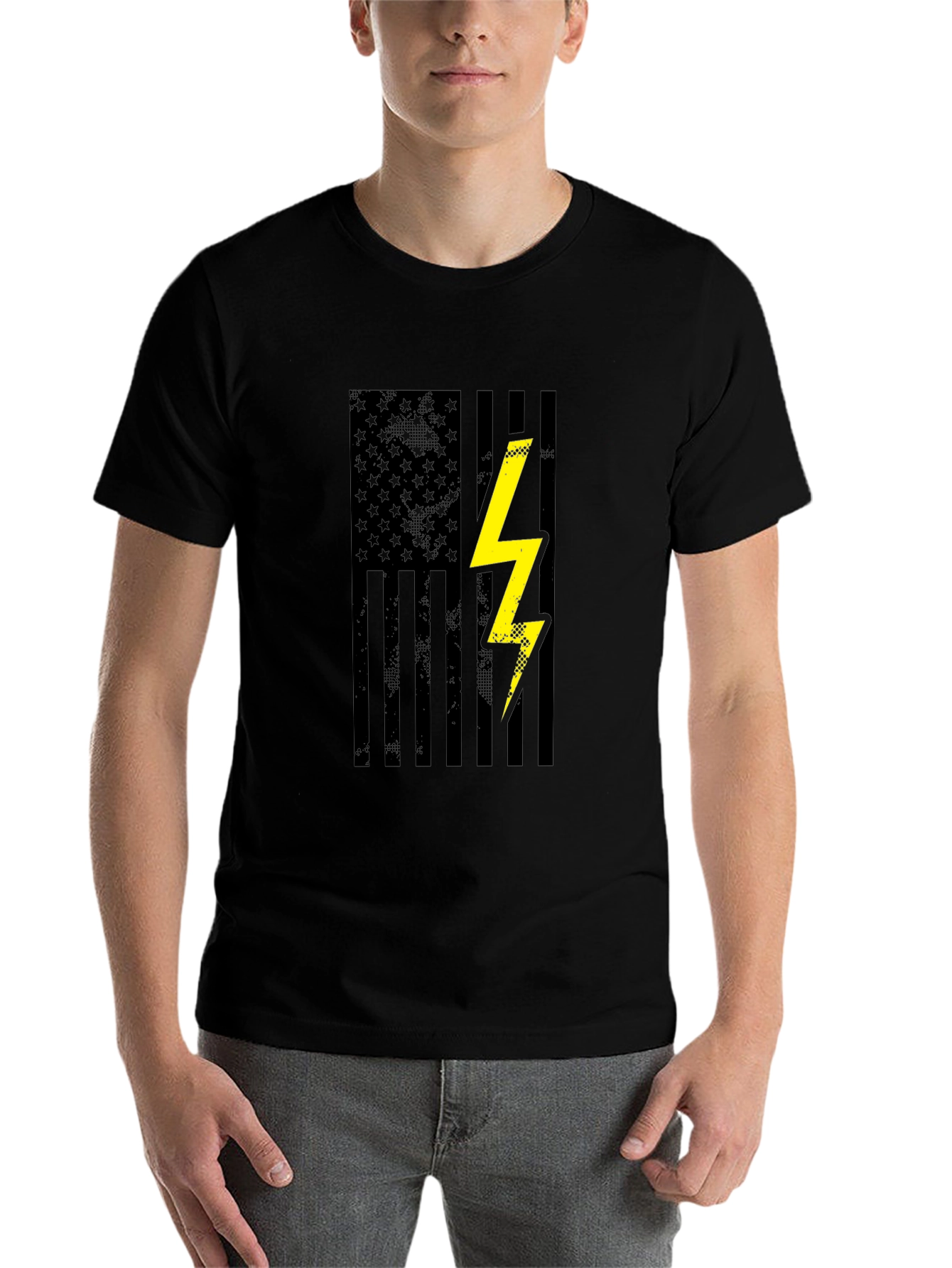 Black American Flag Lightning Bolt Graphic T-Shirt view 7