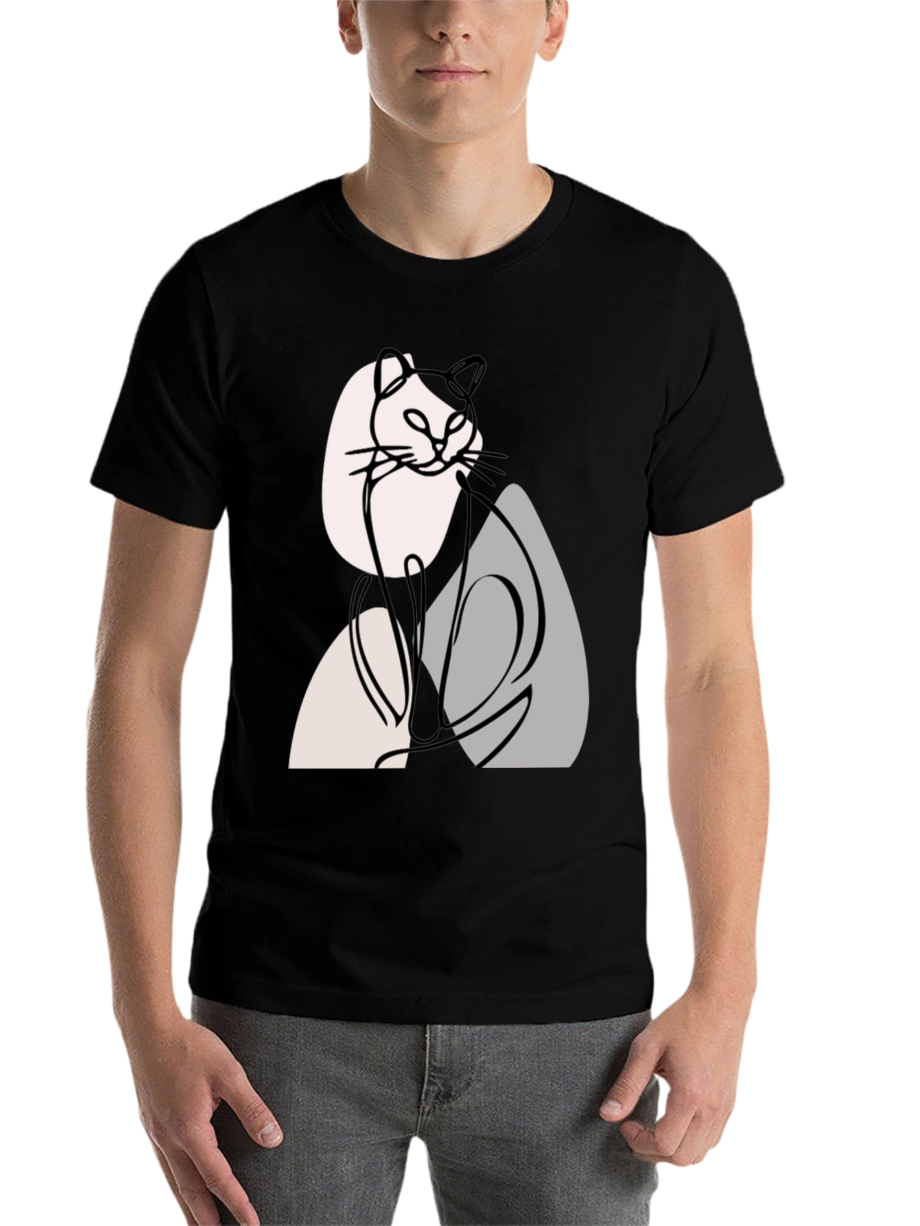 Black Abstract Cat Graphic Tee - Modern Line Art view 7