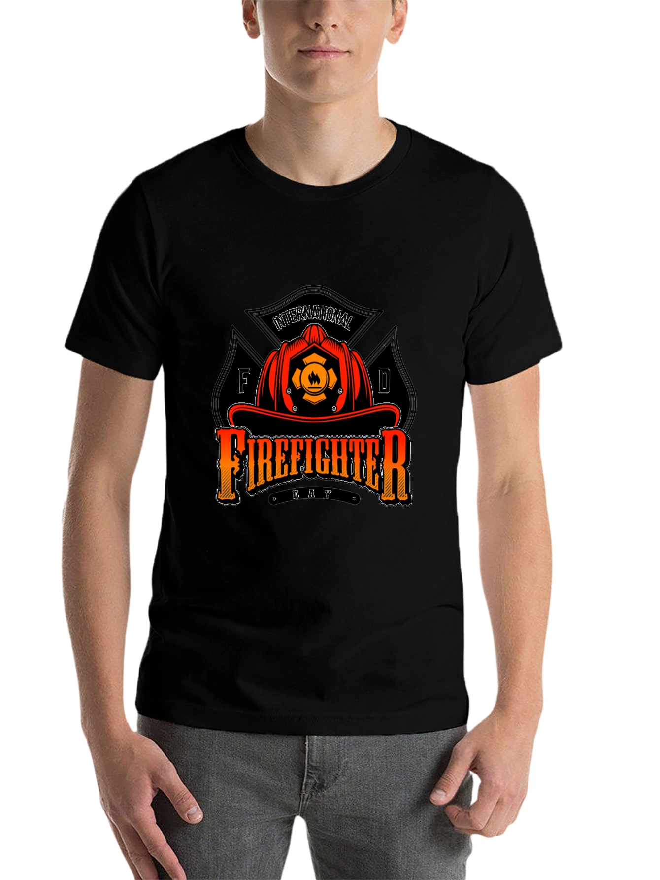 Black Firefighter Day T-Shirt - Black Crew Neck Tee view 7