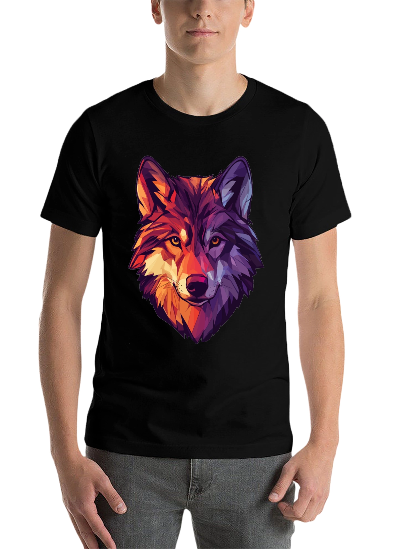 Black Geometric Wolf Graphic Print Black T-Shirt view 7