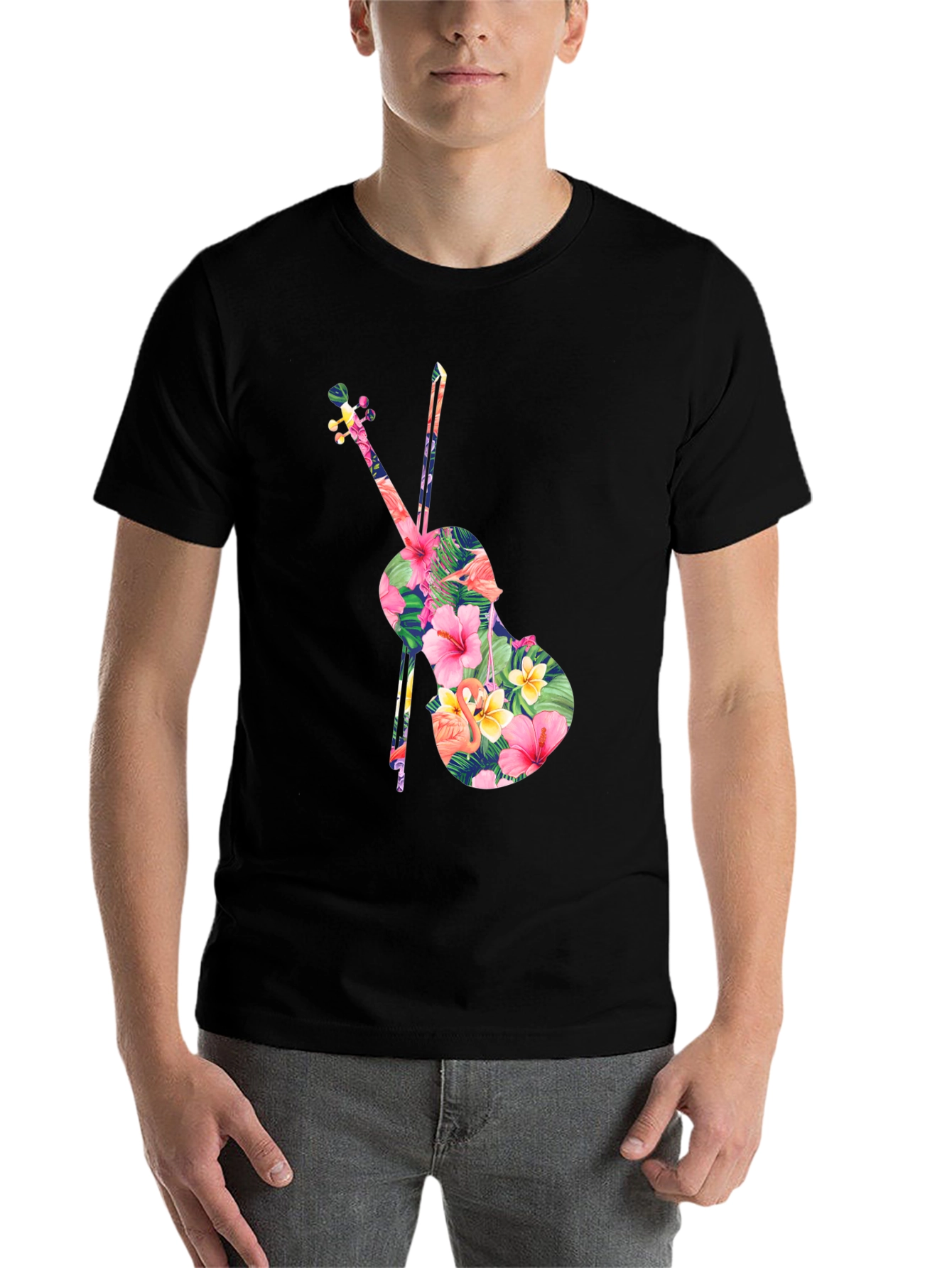 Black Floral Violin Graphic Tee - Tropical Music Lover Shirt view 7