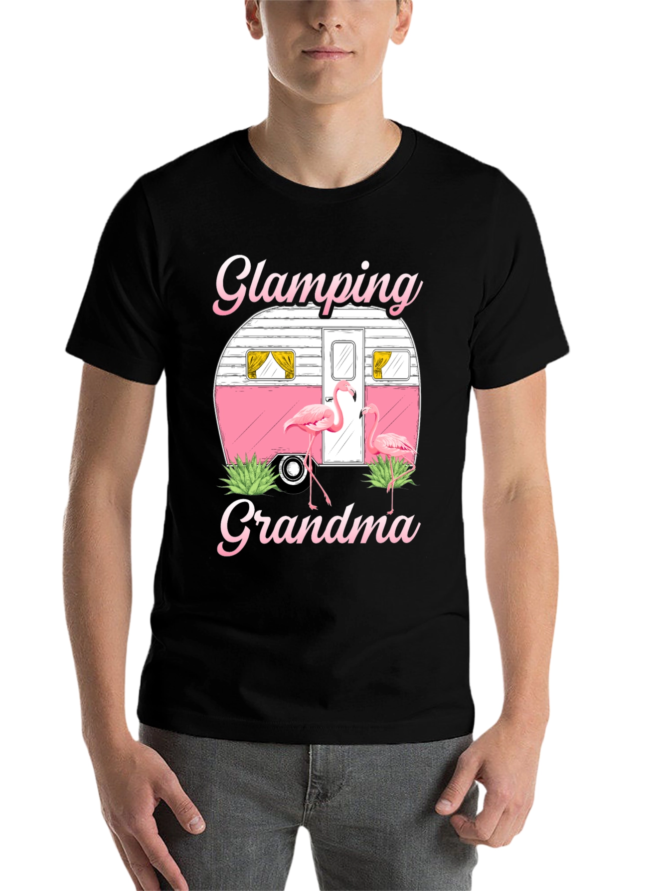 Black Glamping Grandma Flamingo T-Shirt view 7