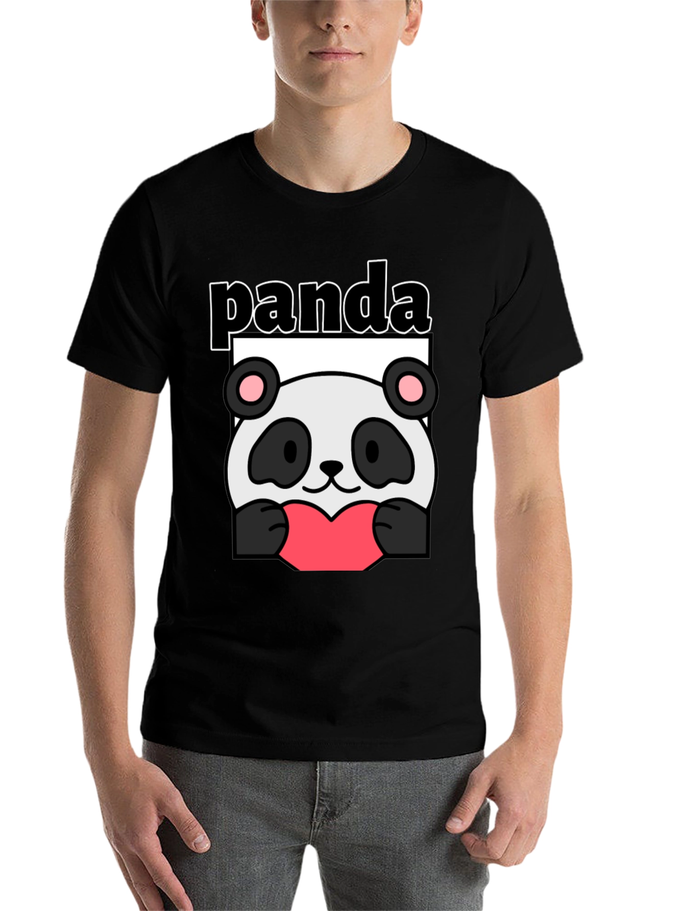 Black Cute Panda Heart Graphic Black T-Shirt view 7