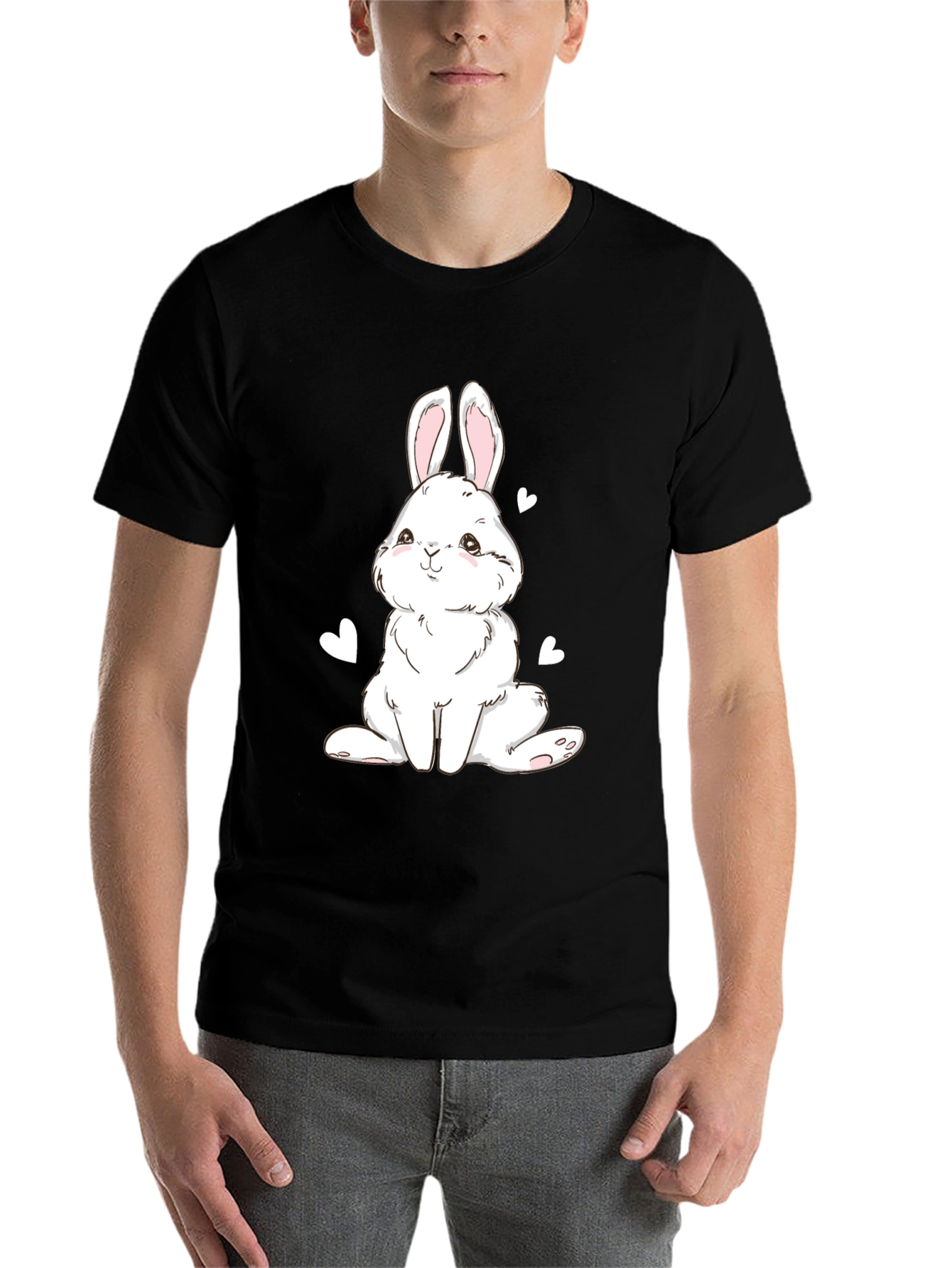 Black Cute Bunny Graphic Tee - Black Cotton Blend T-Shirt view 7