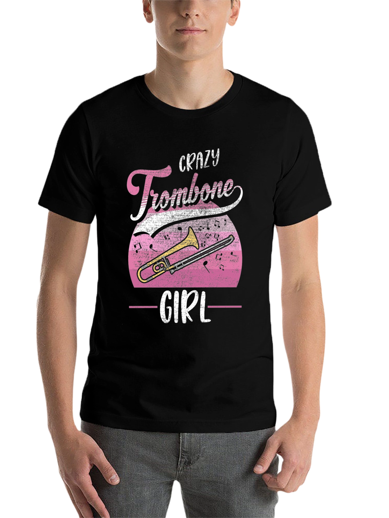 Black Crazy Trombone Girl T-Shirt - Music Lover Tee view 7
