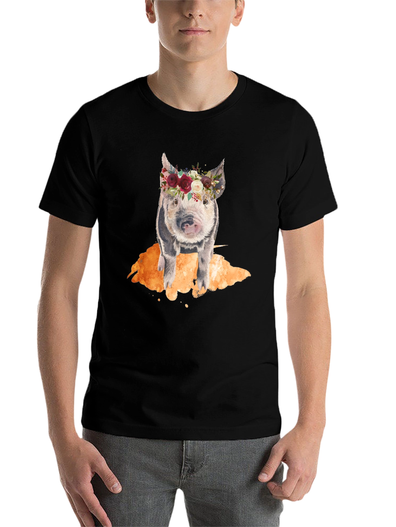 Black Floral Crown Pig Black T-Shirt view 7