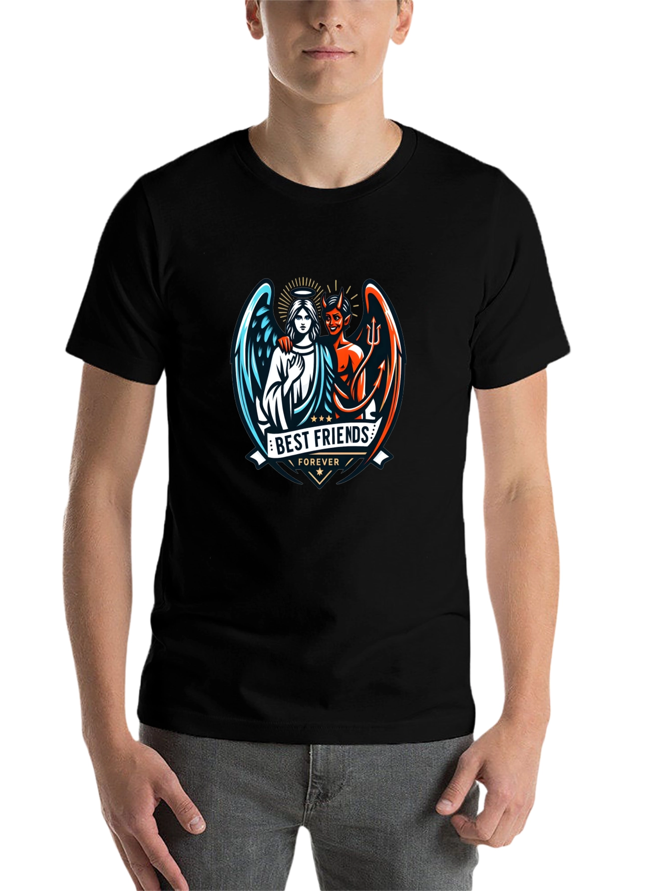Black Best Friends Forever Graphic T-Shirt - Angel & Devil Design view 7