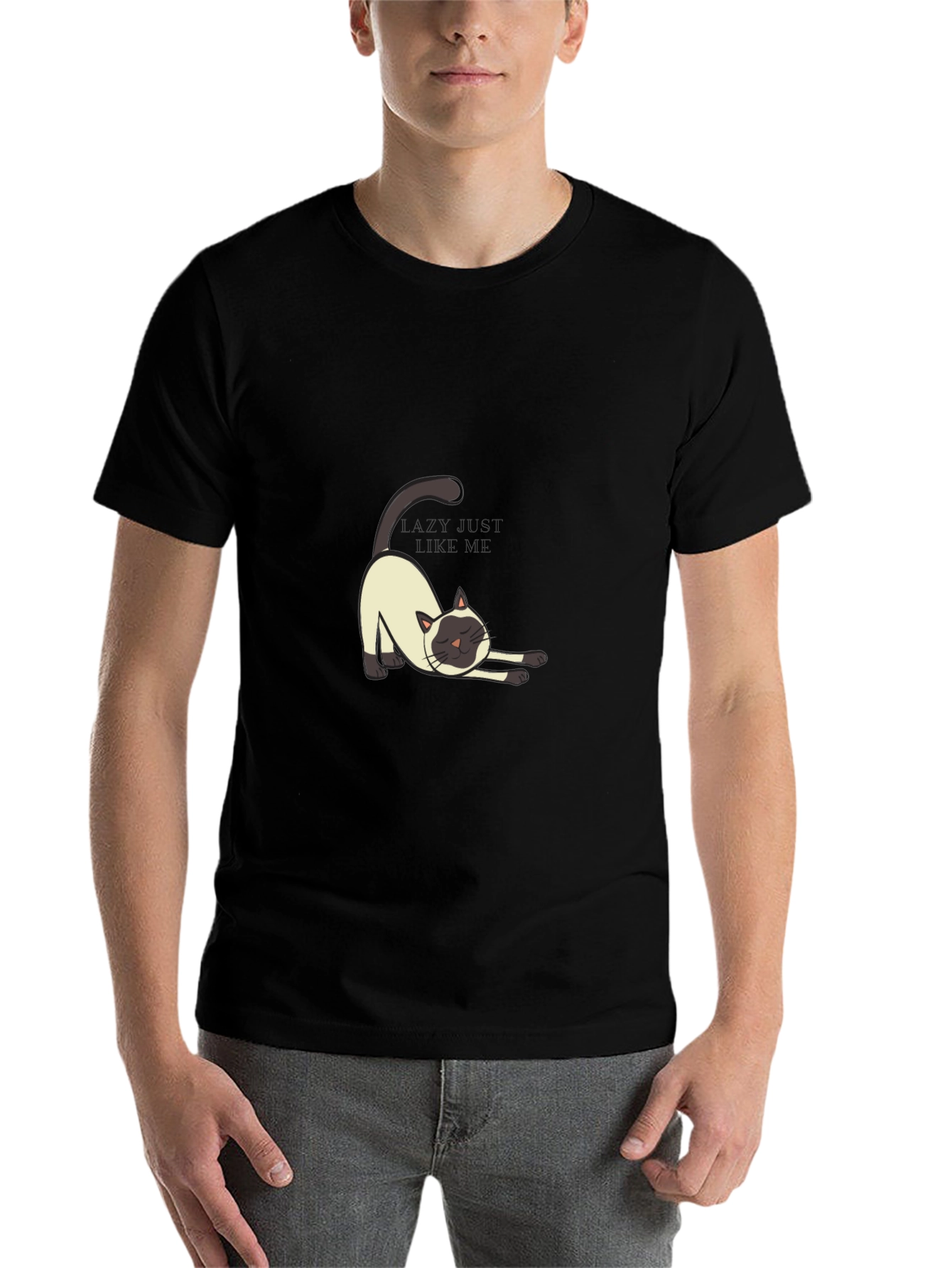 Black Lazy Cat Graphic Tee - Black Cotton T-Shirt view 7