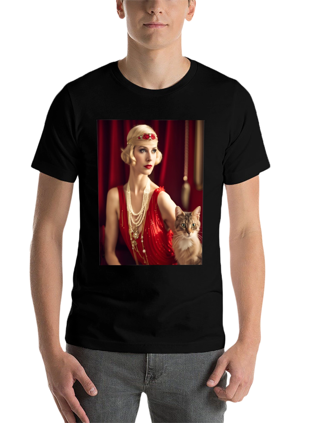 Black Retro Glam T-Shirt: Woman & Cat view 7
