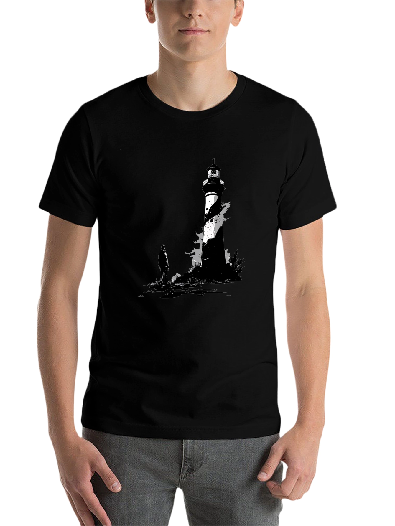 Black Lighthouse Graphic Tee - Coastal Style T-Shirt view 7