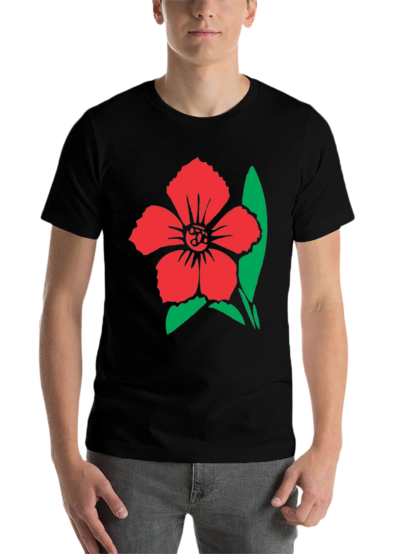 Black Floral Graphic Tee - Red Flower Design on Black Shirt view 7