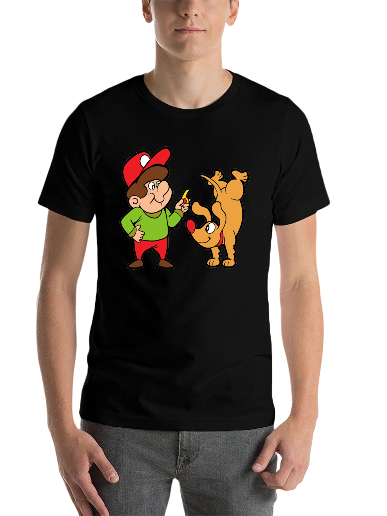 Black Cartoon Man & Dog Graphic Black T-Shirt view 7