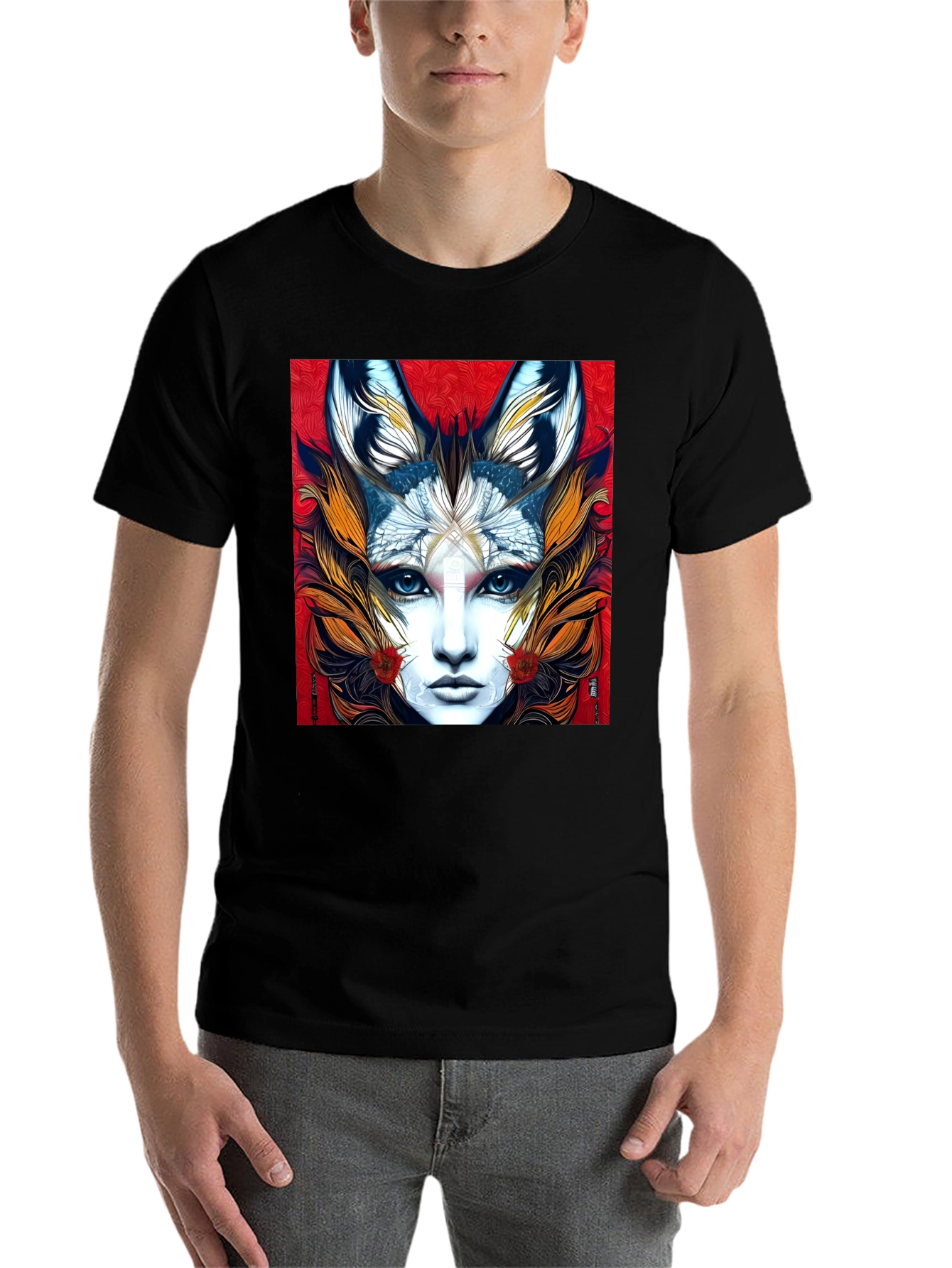 Black Mystic Fox Woman Graphic Tee - Unique Art T-Shirt view 7