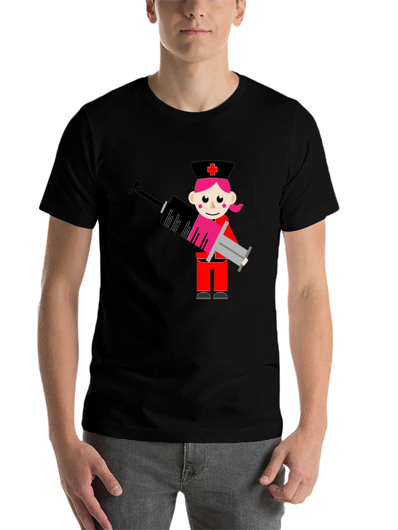 Black Cartoon Nurse Syringe Graphic T-Shirt - Black Cotton Tee view 7