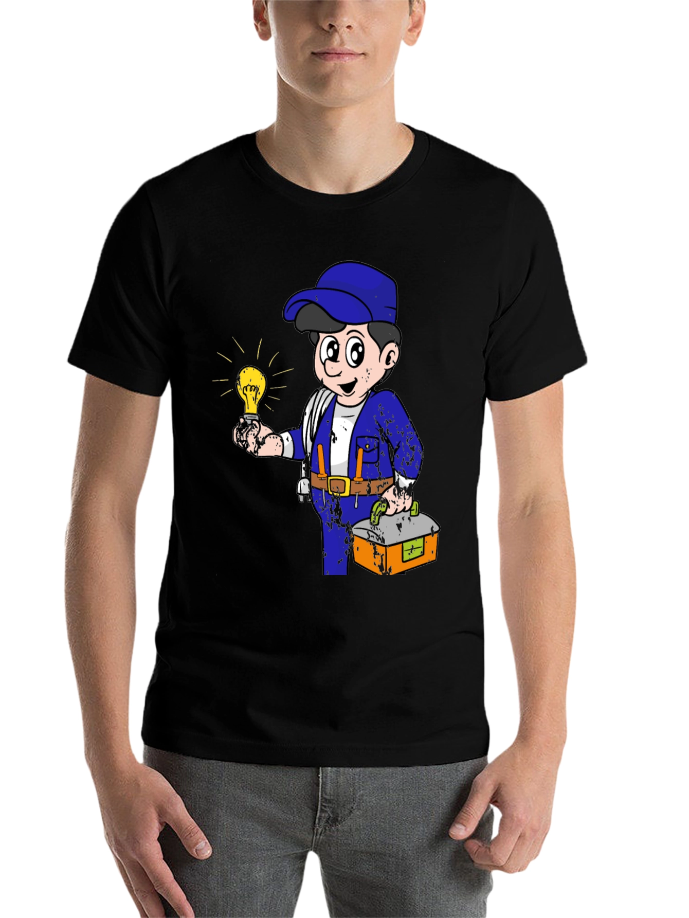 Black Electrician Cartoon Graphic T-Shirt view 7