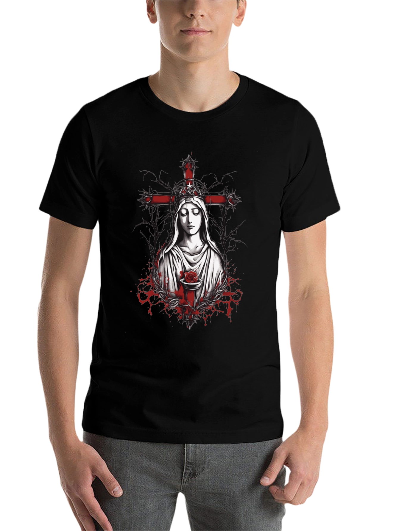 Black Virgin Mary Rose Cross Graphic Tee view 7