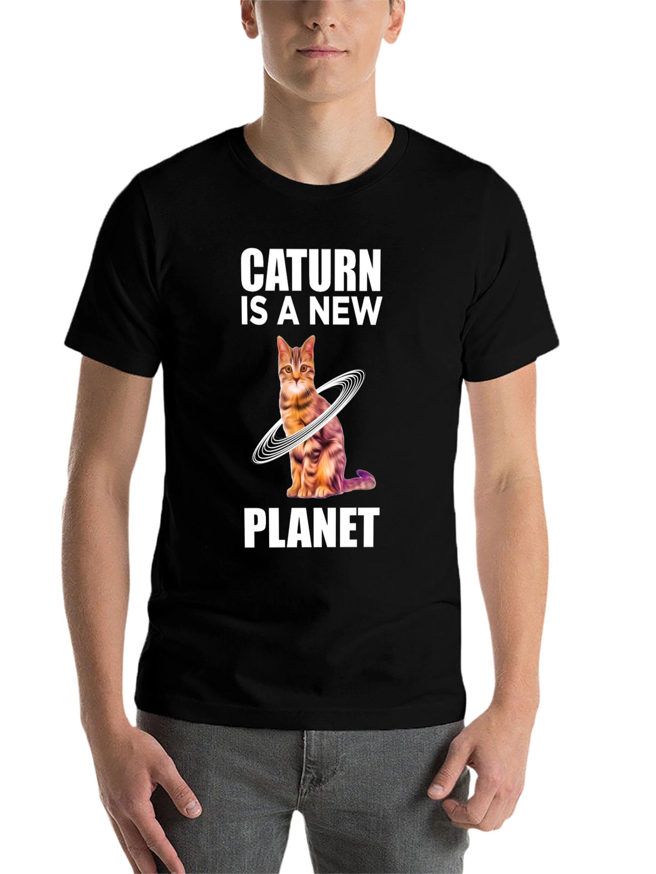 Black Caturn is a New Planet T-Shirt - Novelty Space Cat Tee view 7