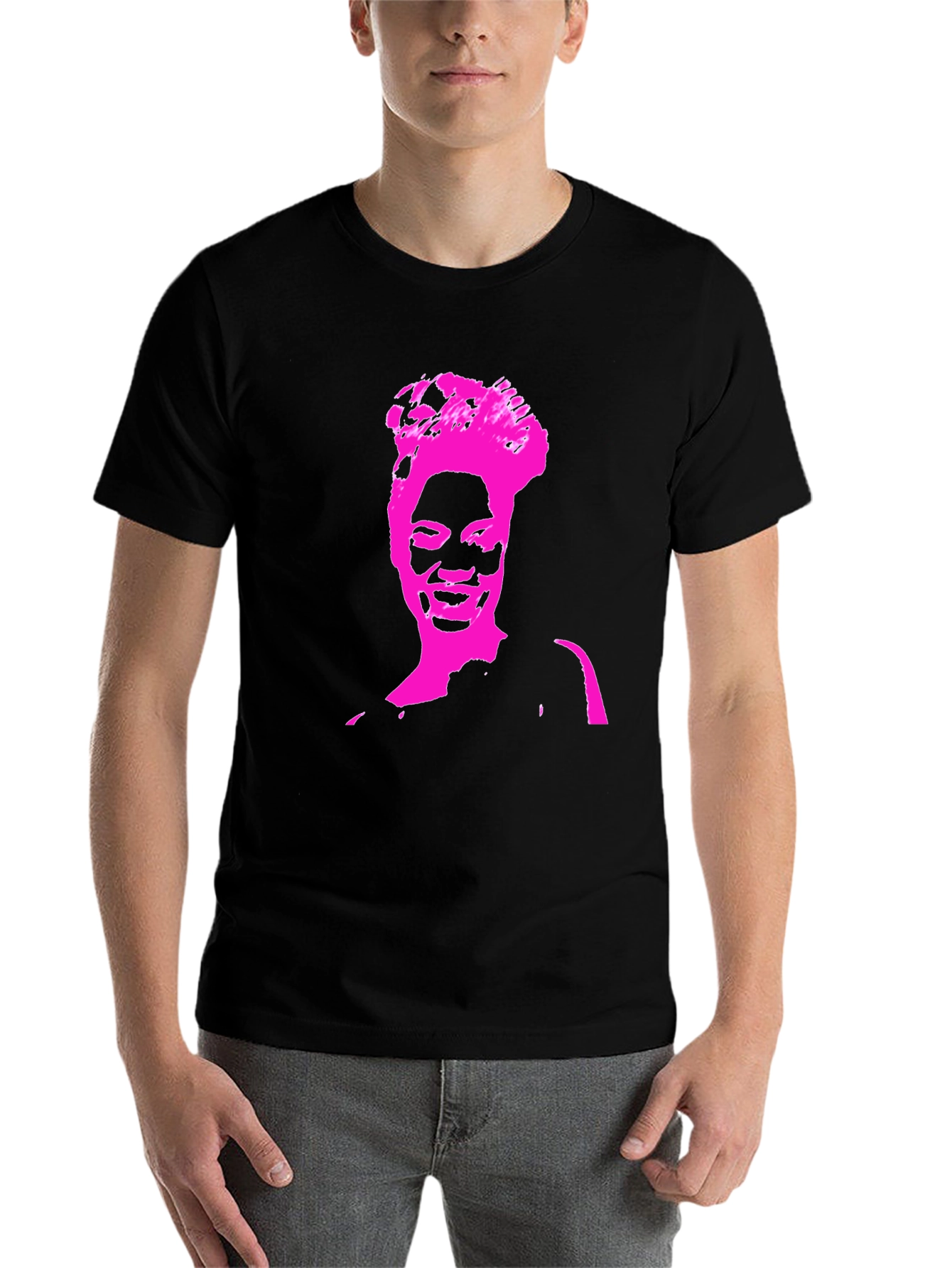 Black Stylish Black T-Shirt with Pink Portrait Graphic view 7