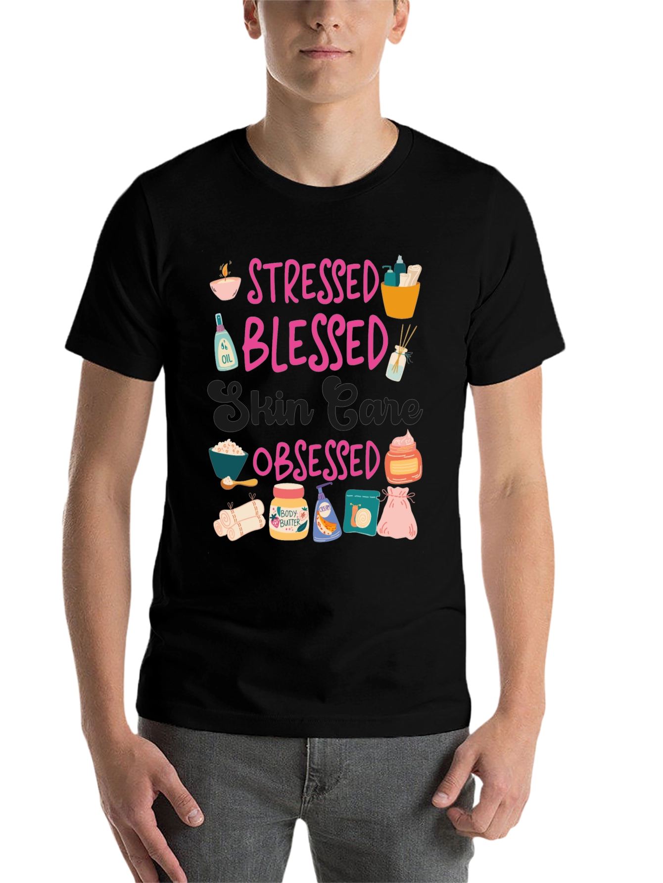 Black Stressed Blessed Skin Care Obsessed T-Shirt view 7