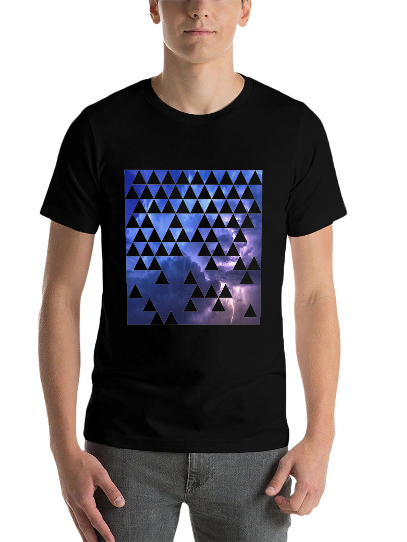 Black Stormy Sky Triangle Pattern Black T-Shirt view 7