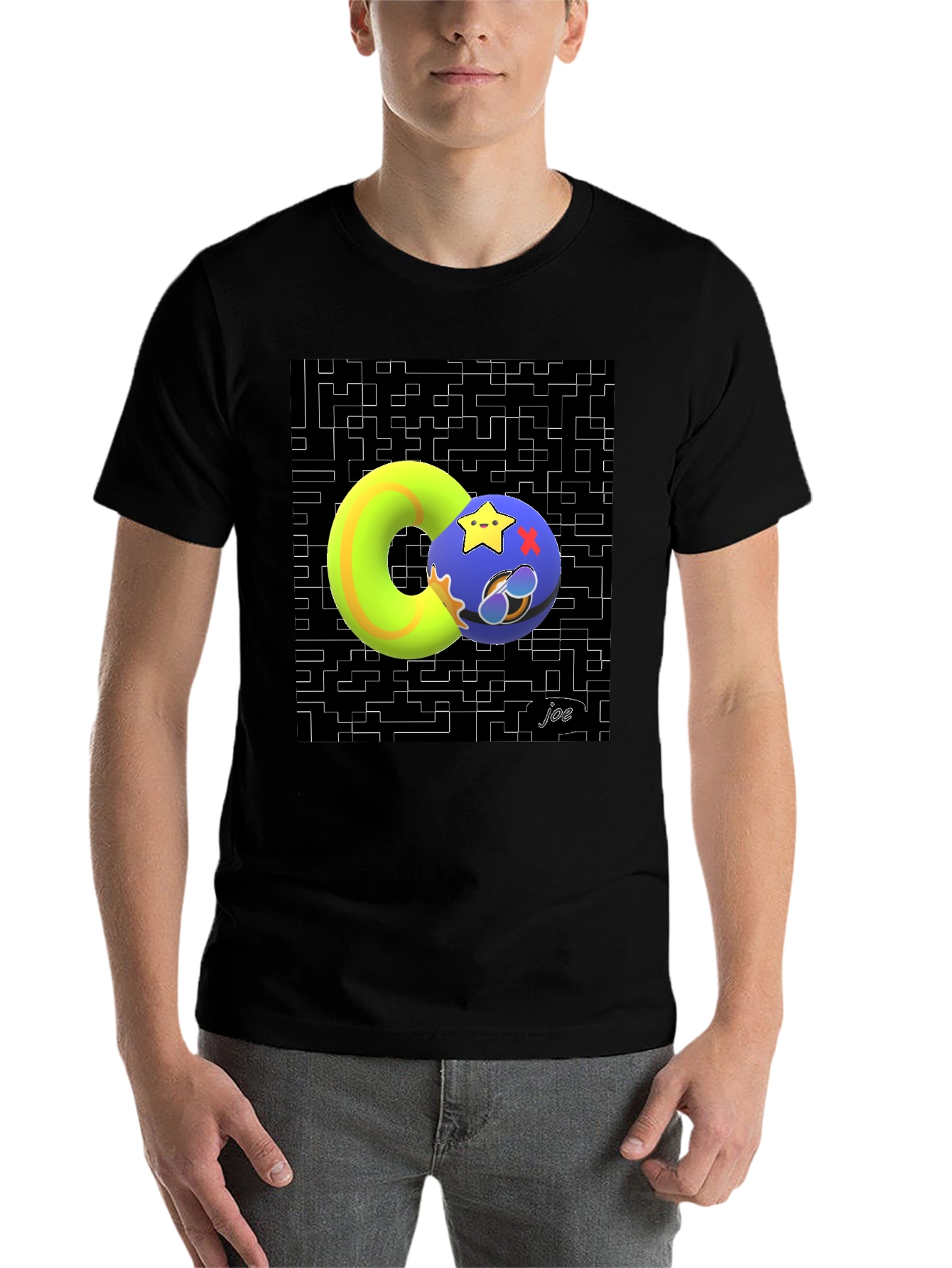 Black Geometric Graphic Tee - Funky Donut and Star Ball Design view 7