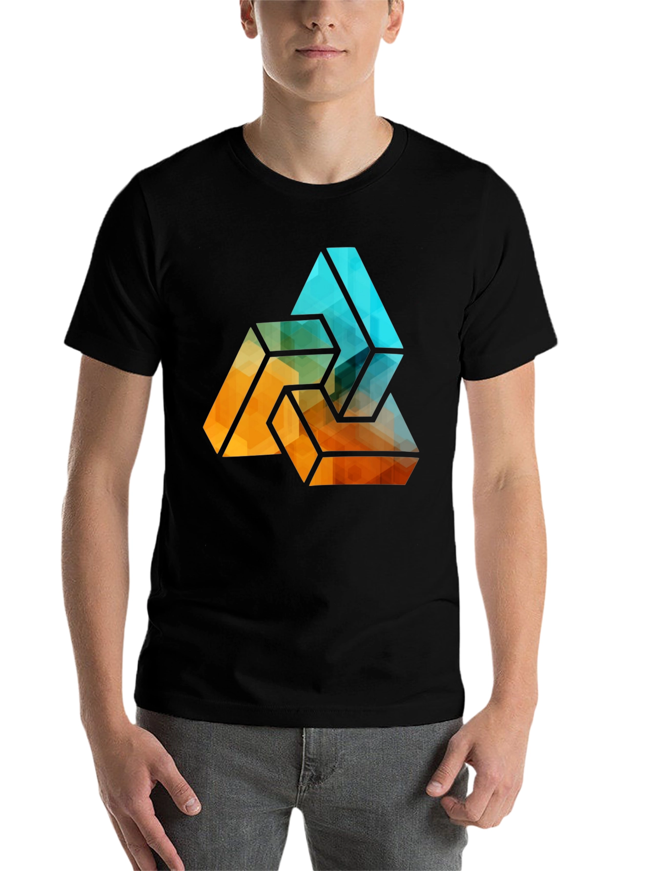 Black Geometric Triangle Graphic Tee - Stylish Men's Black T-Shirt view 7