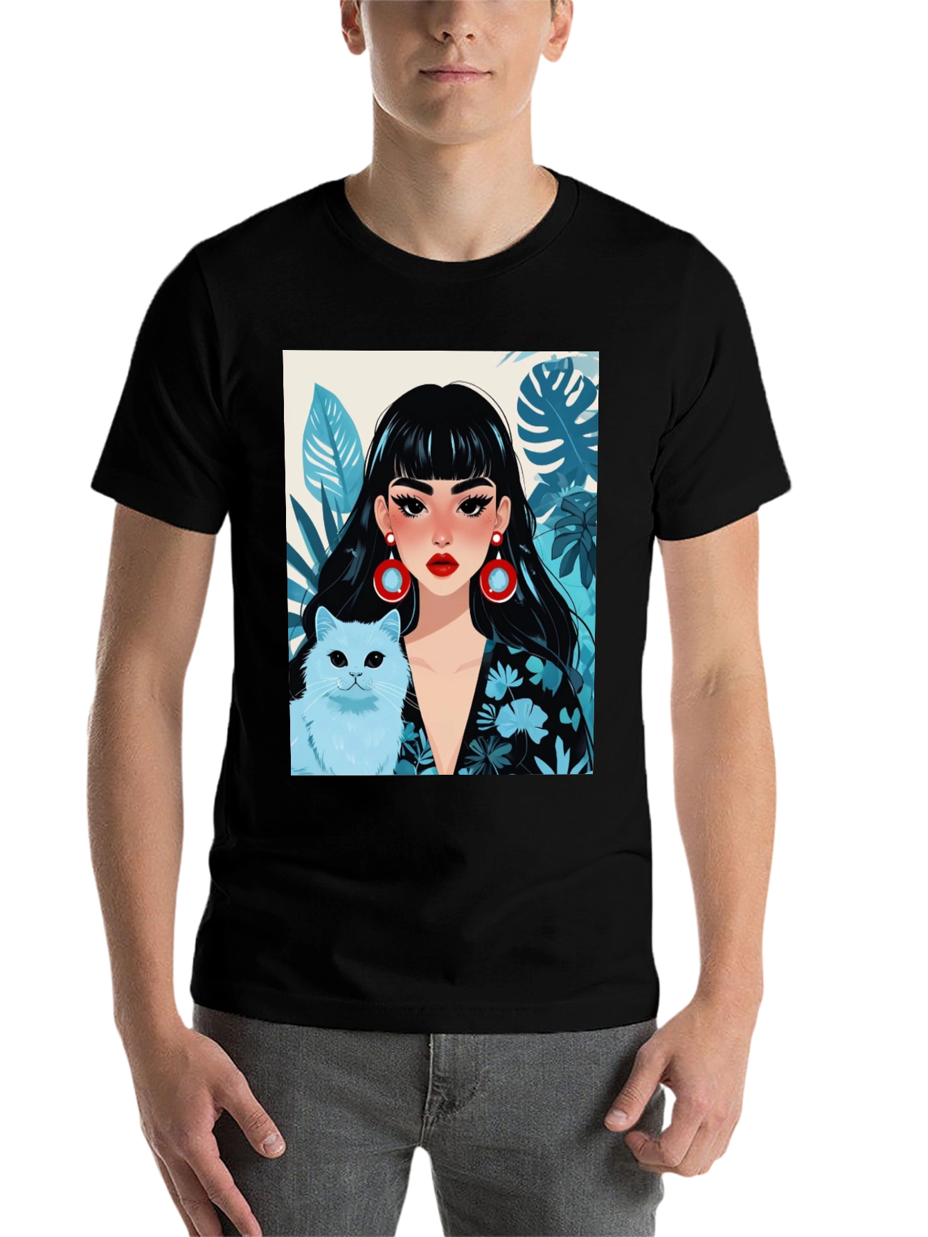 Black Trendy Graphic Tee - Woman & Cat view 7