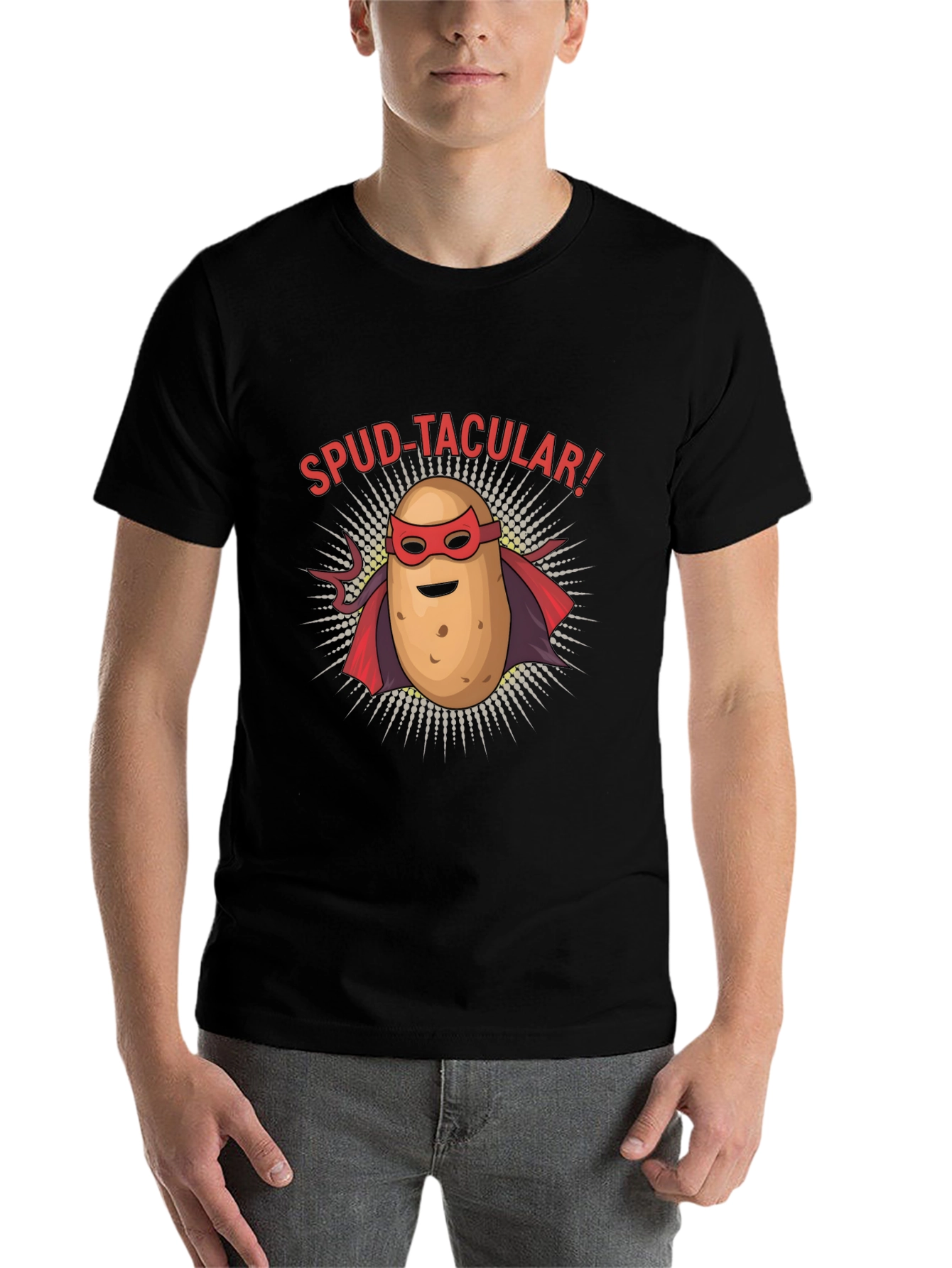 Black Spud-tacular Potato Superhero Black T-Shirt view 7