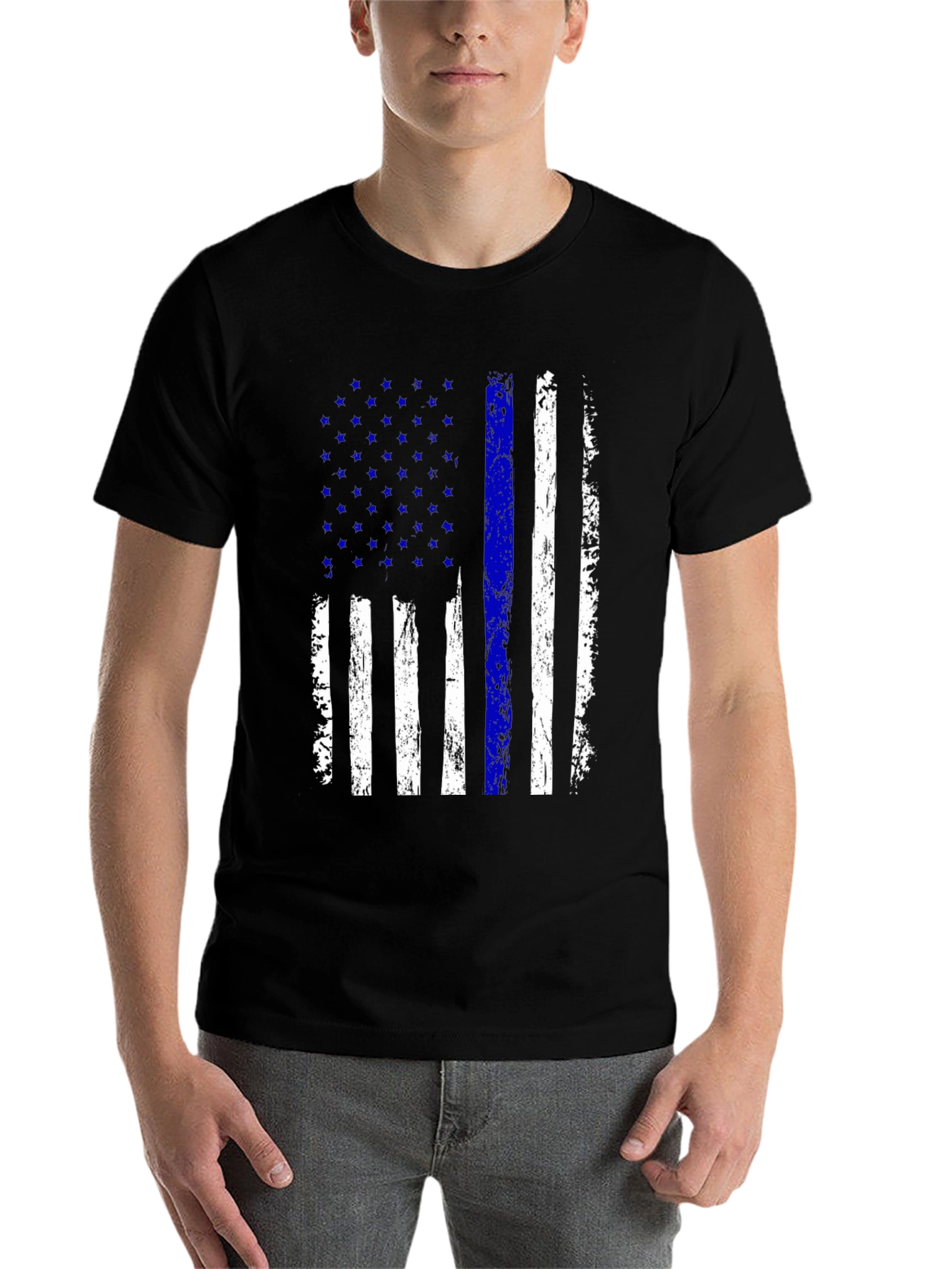 Distressed Thin Blue Line American Flag T-Shirt - 7