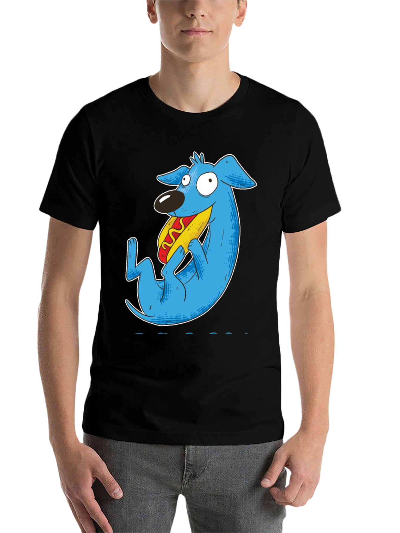 Black Cartoon Blue Dog Eating Hotdog Black T-Shirt view 7