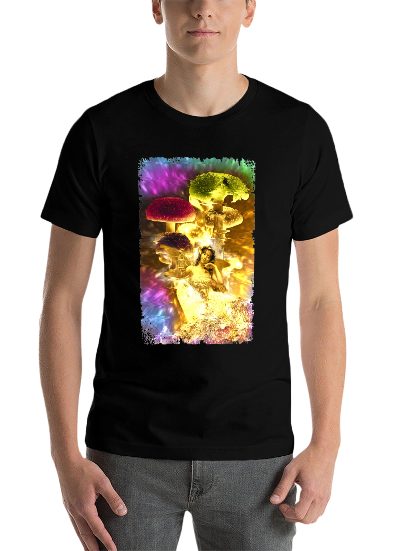 Black Fantasy Mushroom Fairy Graphic T-Shirt view 7