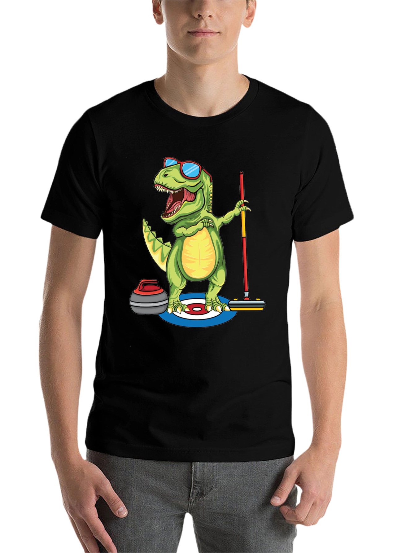 Black Dinosaur Curling T-Shirt - Funny Dino Design view 7