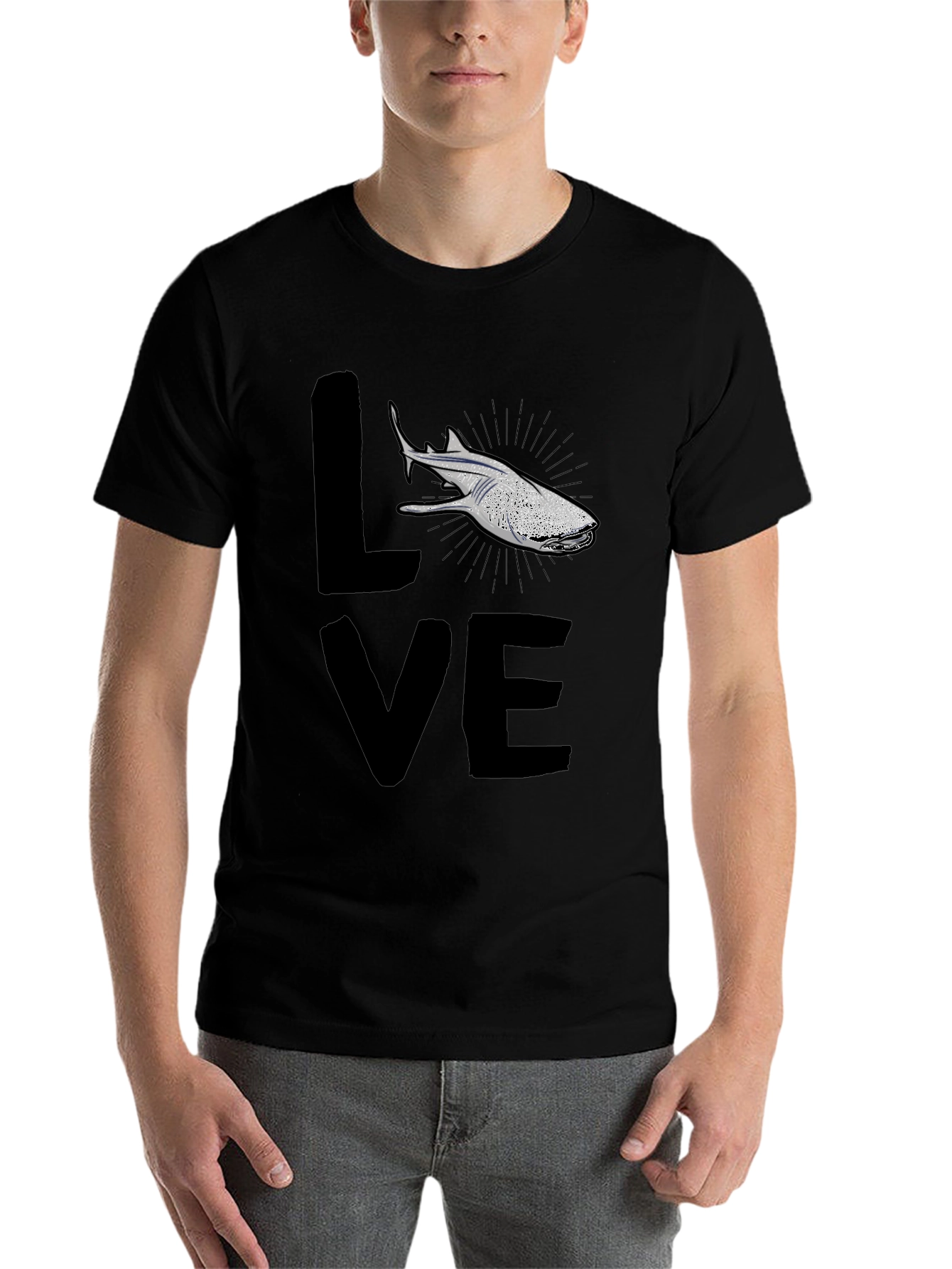 Black Love Shark Graphic T-Shirt, Black Cotton Blend view 7