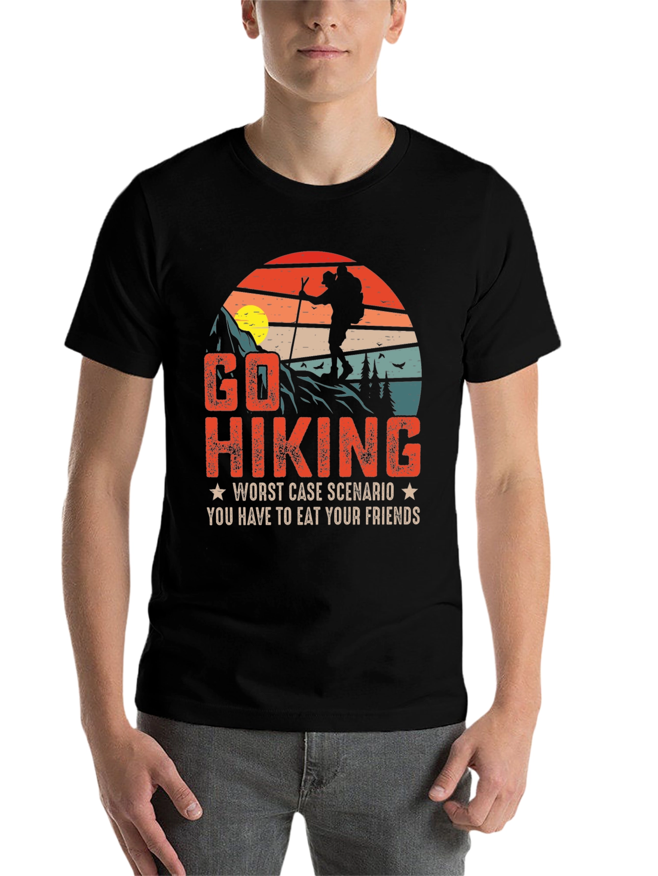 Black Go Hiking Funny Graphic T-Shirt view 7
