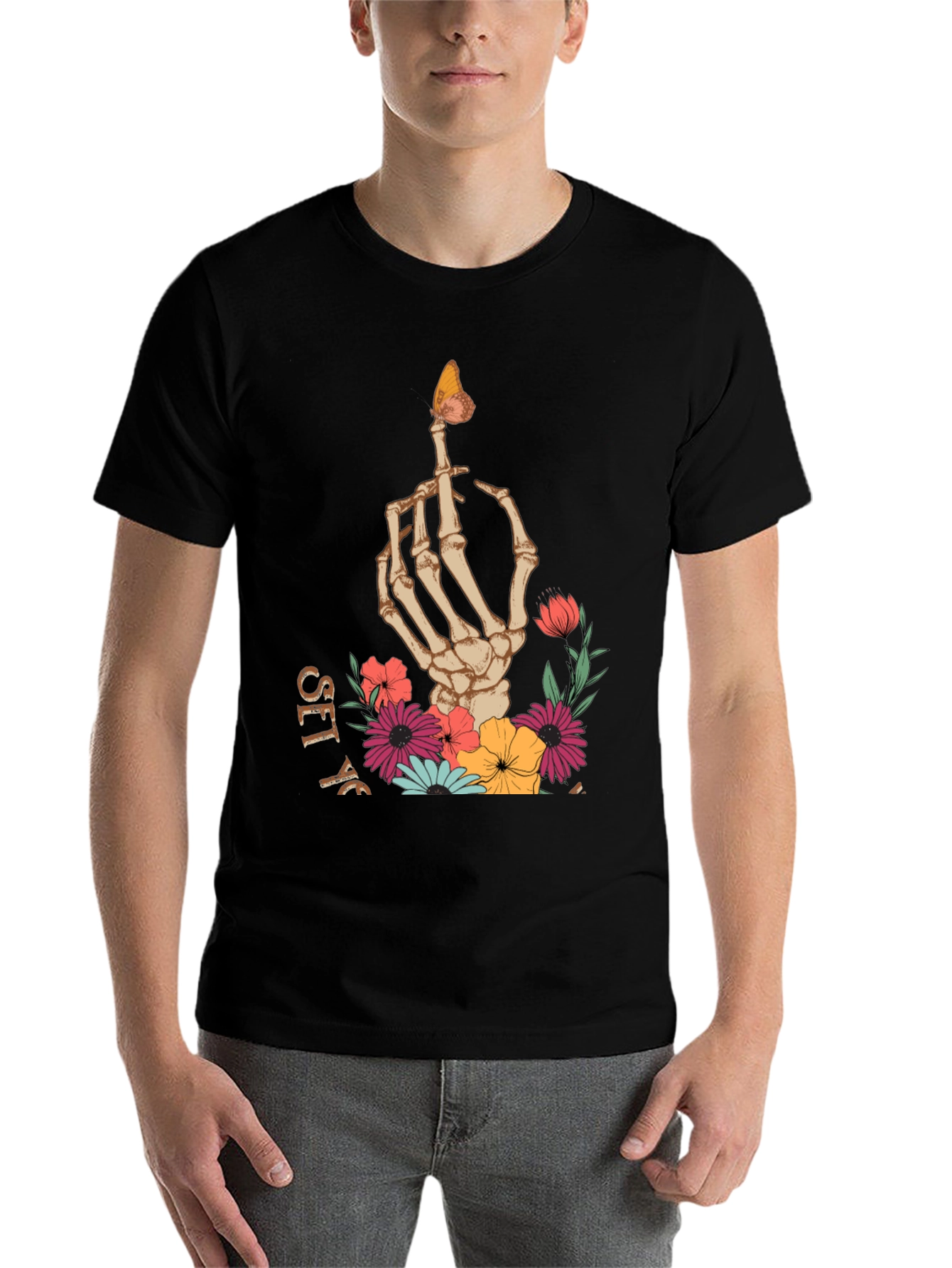 Black Floral Skeleton Hand Graphic Tee - Men's Black T-Shirt view 7