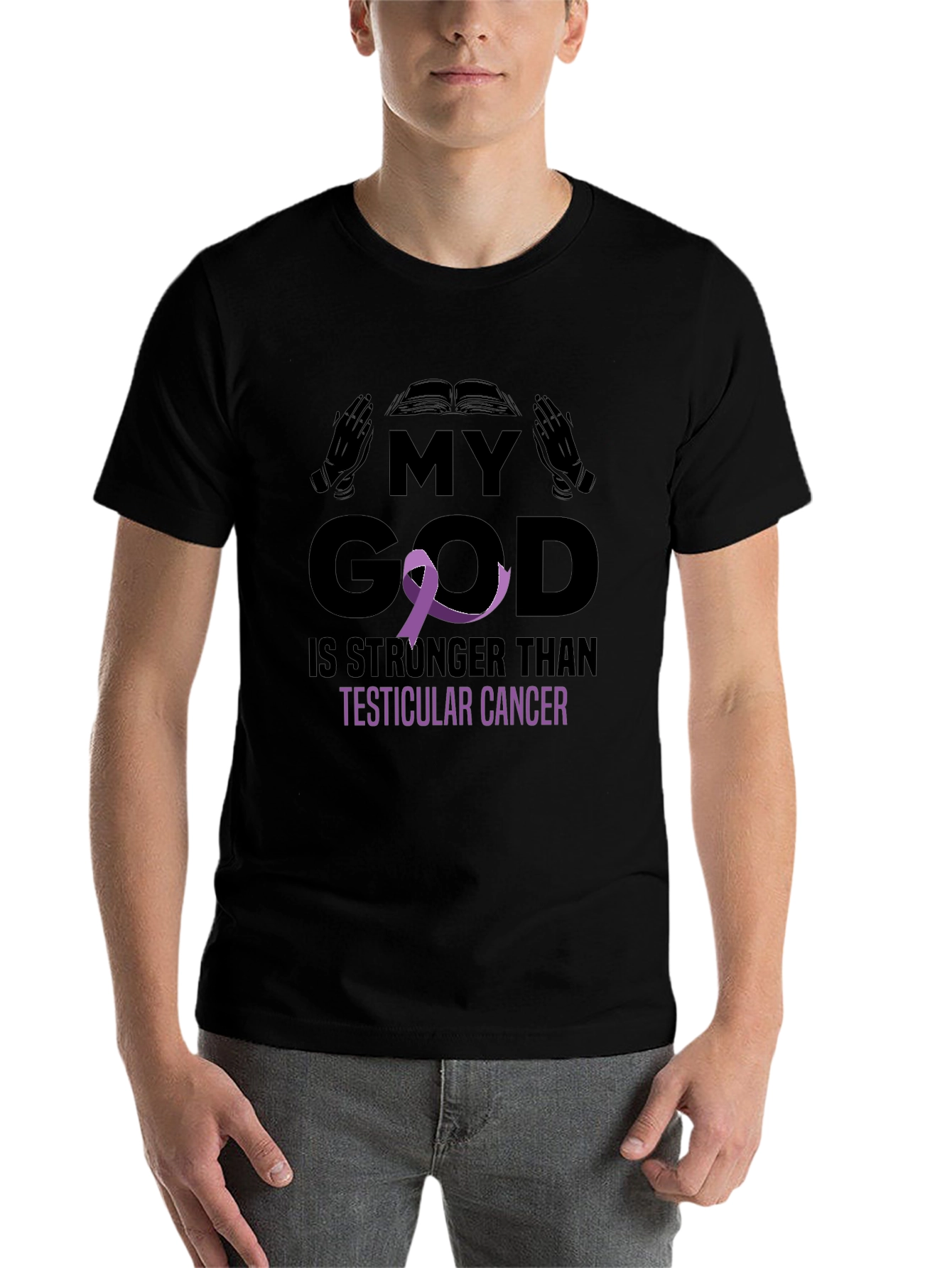 Black My God Stronger Than Testicular Cancer Awareness T-Shirt view 7