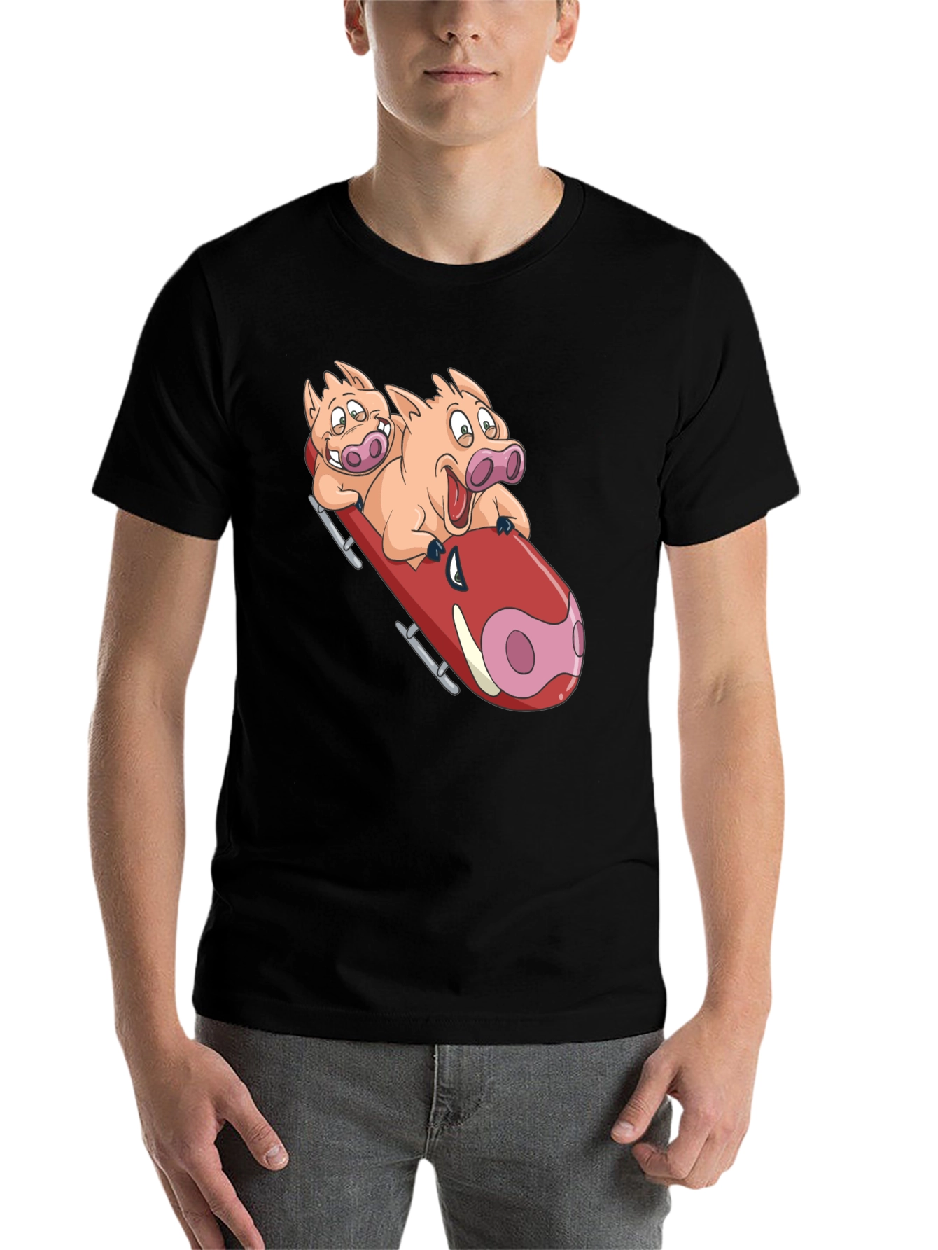 Black Funny Pigs Bobsledding Graphic T-Shirt view 7