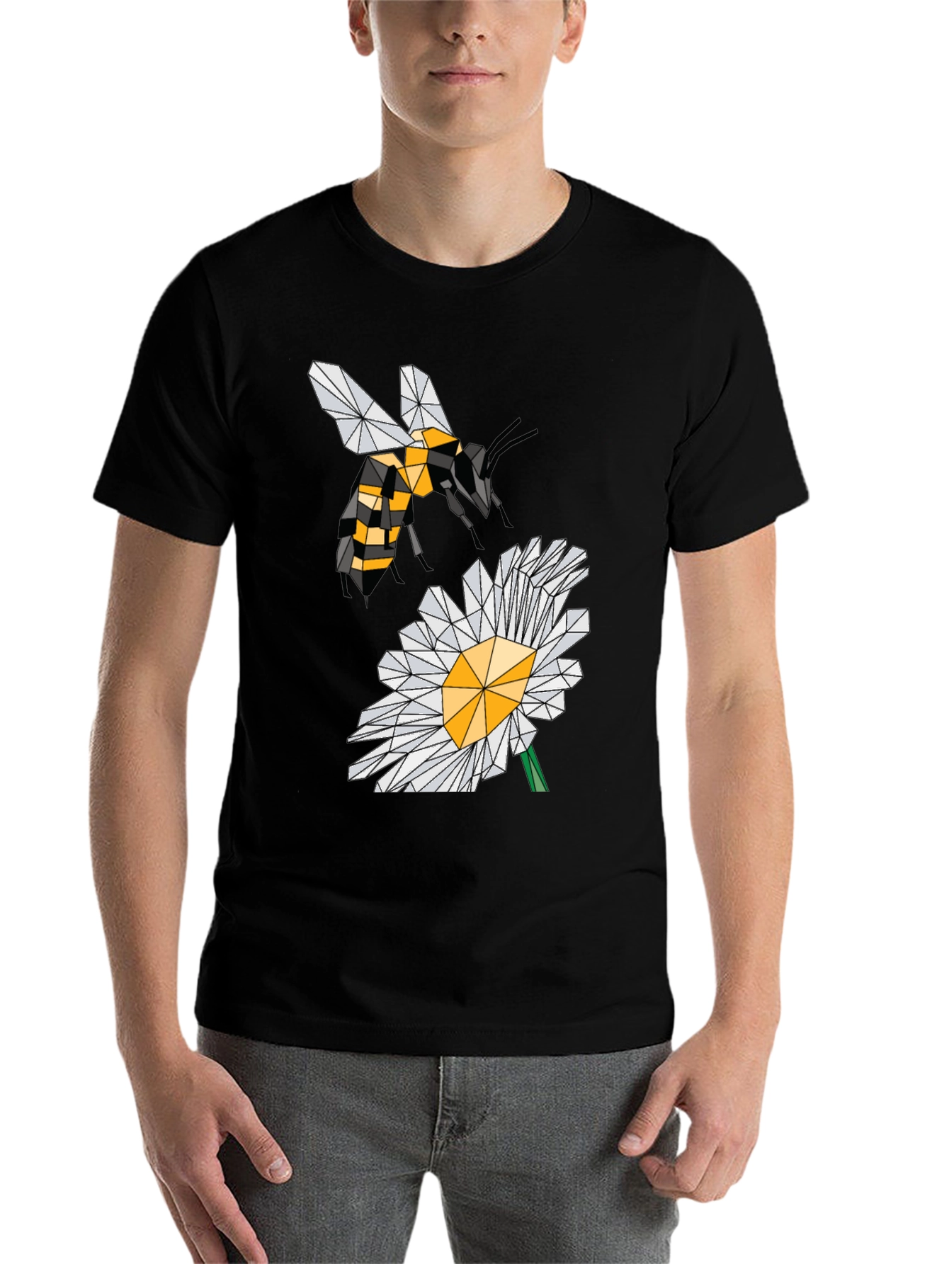 Black Geometric Bee & Daisy Black T-Shirt view 7