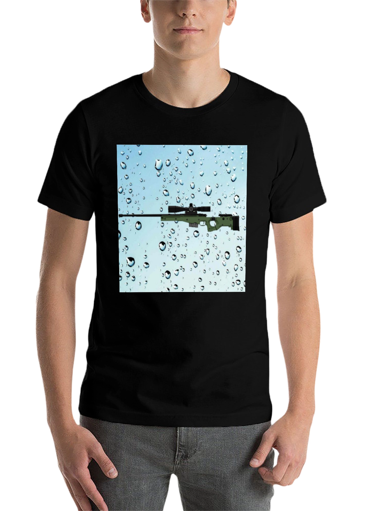 Black Gun on Rainy Window T-Shirt - Cool Graphic Tee view 7