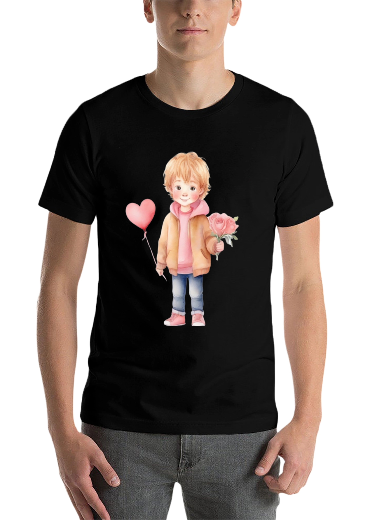 Black Cute Boy with Flowers and Balloon T-Shirt view 7