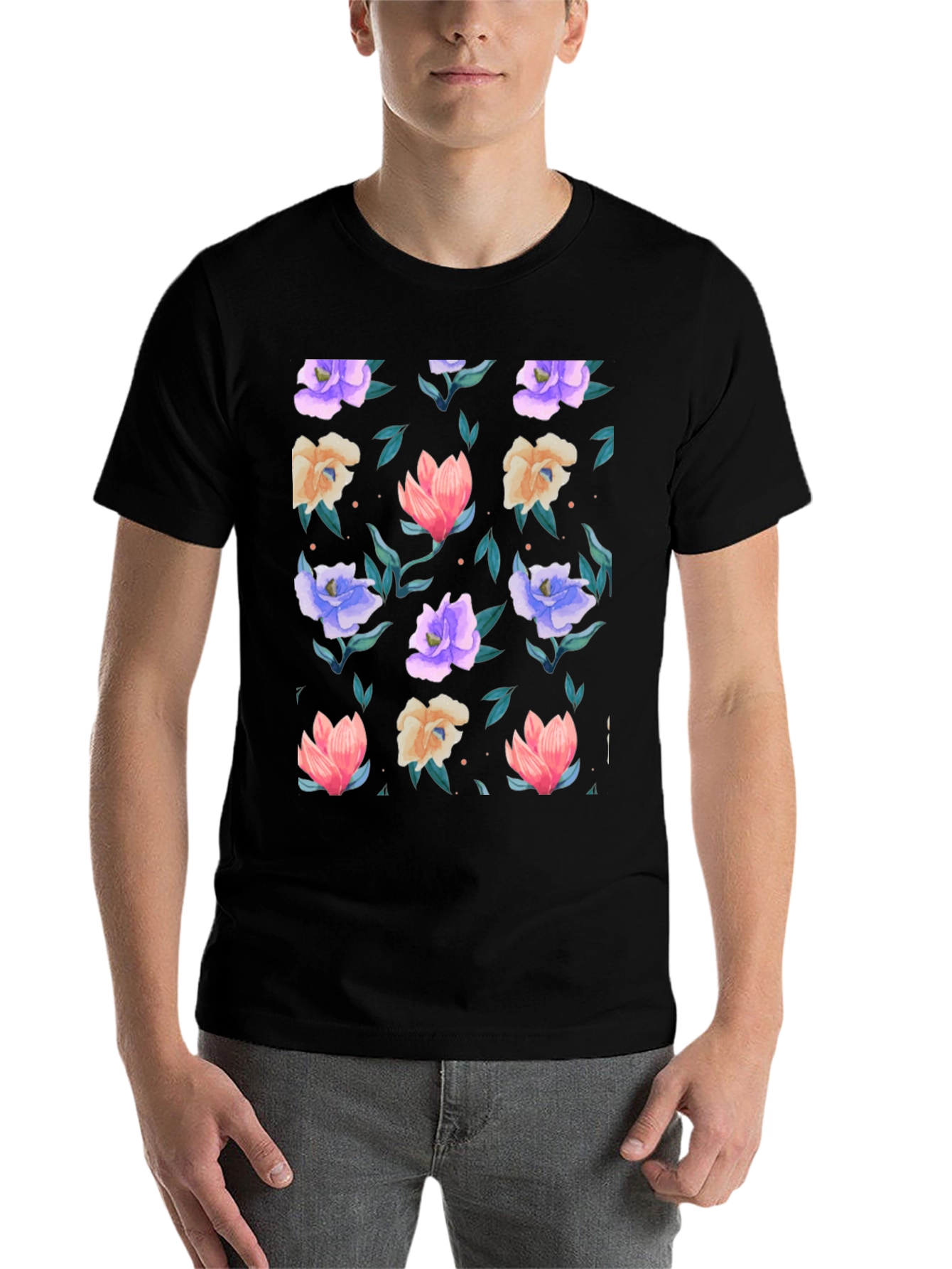 Black Floral Print T-Shirt - Black - Vibrant Blooms view 7