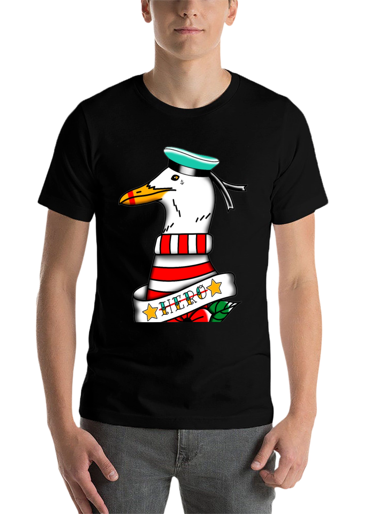 Black Seagull Sailor "Hero" Tattoo Style Graphic Tee - Black view 7