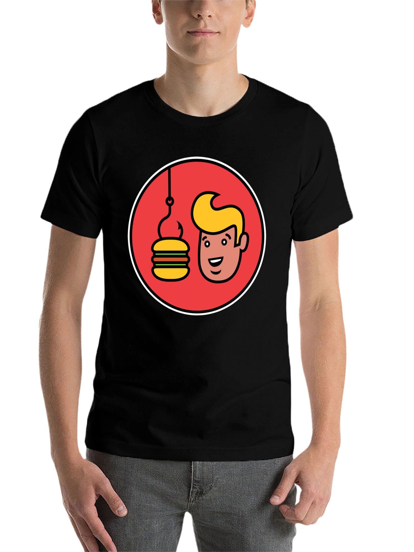Black Funny Man & Burger Fishing Hook Black T-Shirt view 7