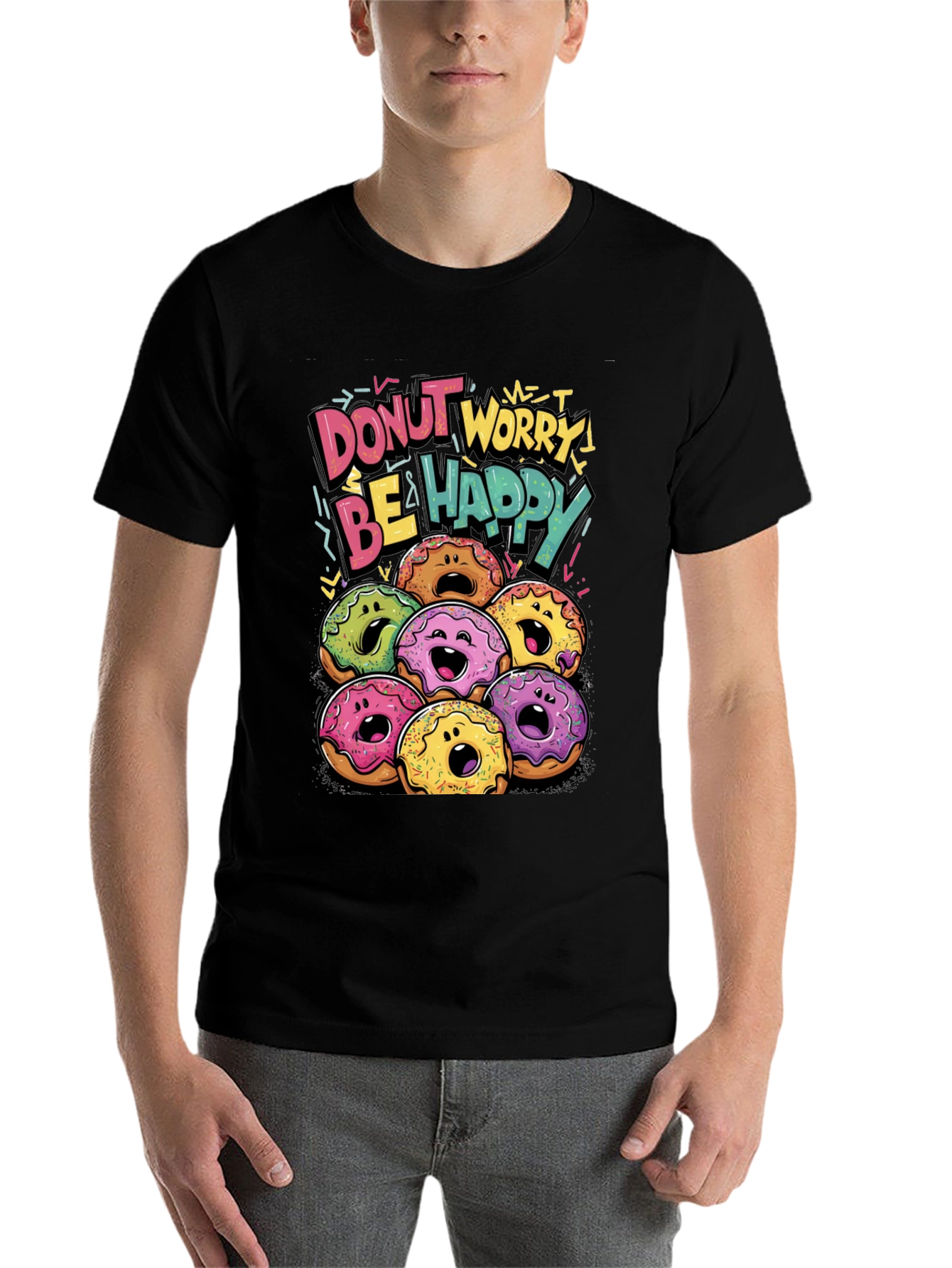Black Donut Worry Be Happy Graphic T-Shirt view 7
